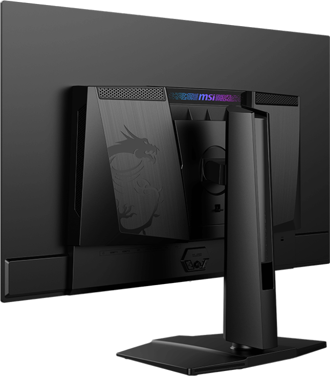 Egy fekete számítógép monitor hátulja sárkány logóval és az MSI logóval. A monitor fekete háttéren van.