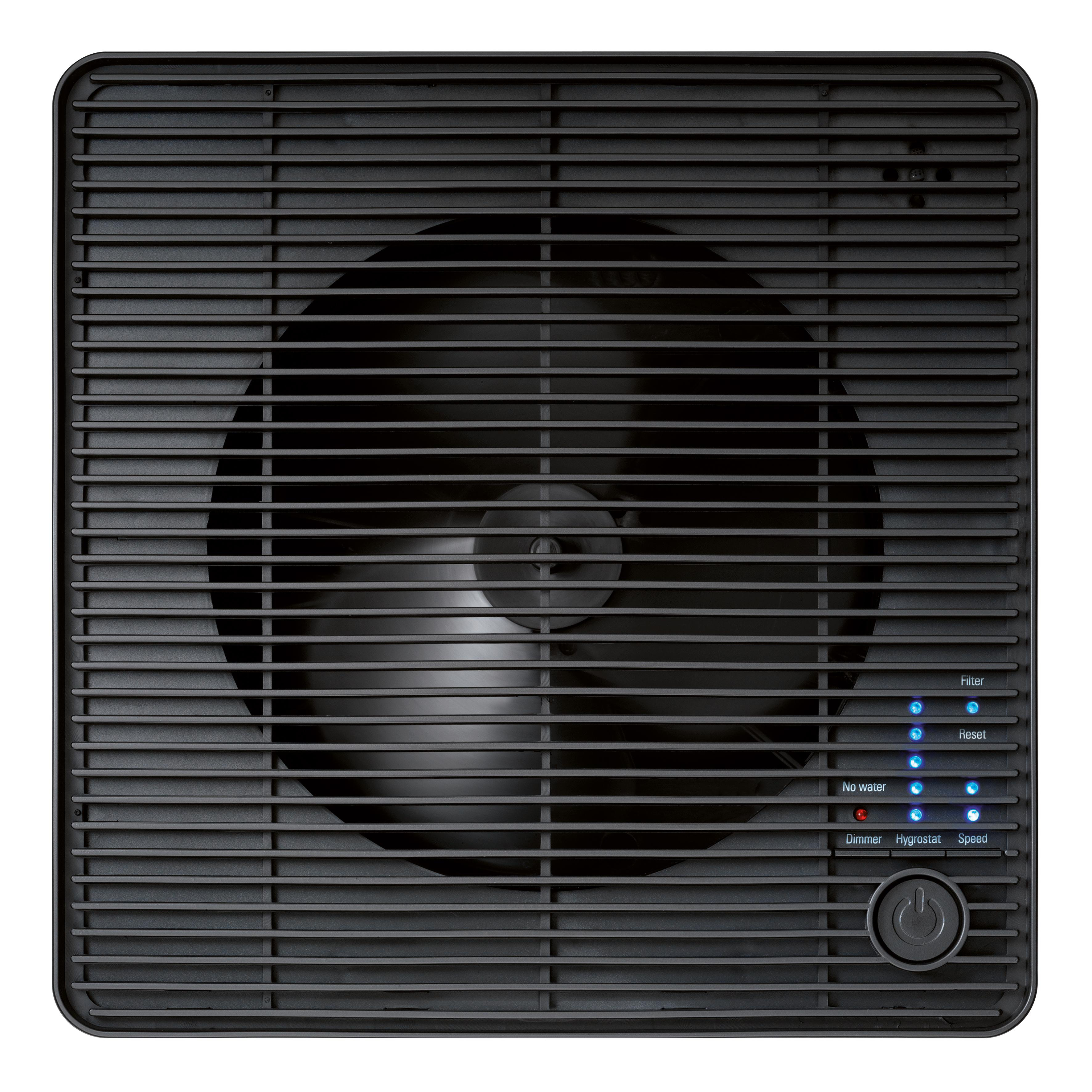 Ein schwarzer Luftreiniger mit Ventilator und Bedienfeld. Der Ventilator befindet sich hinter einem Gitter.