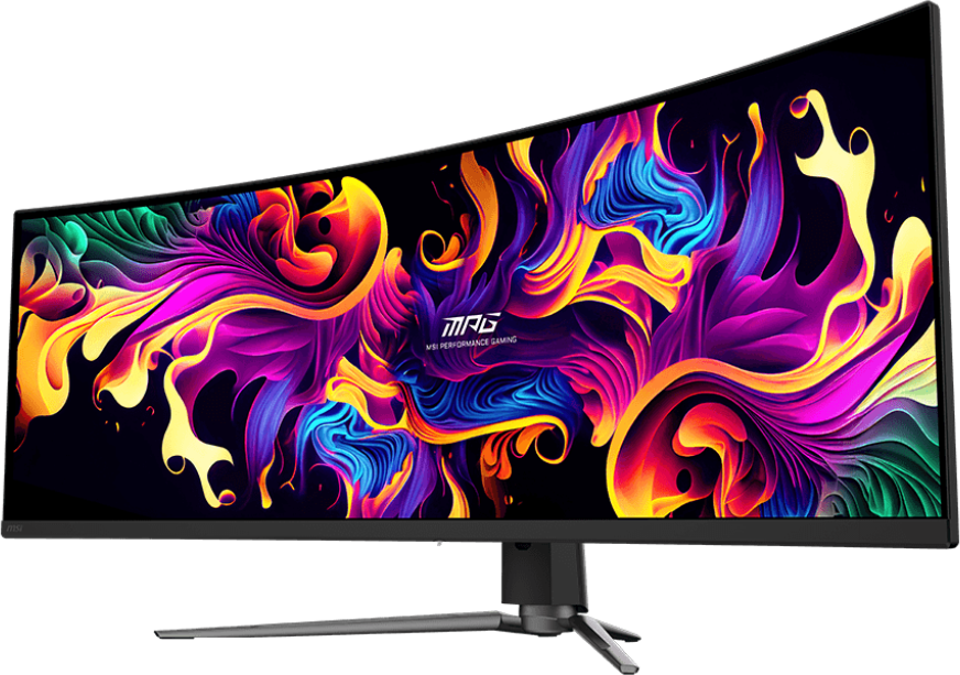 Ívelt MSI gaming monitor színes absztrakt dizájnnal.