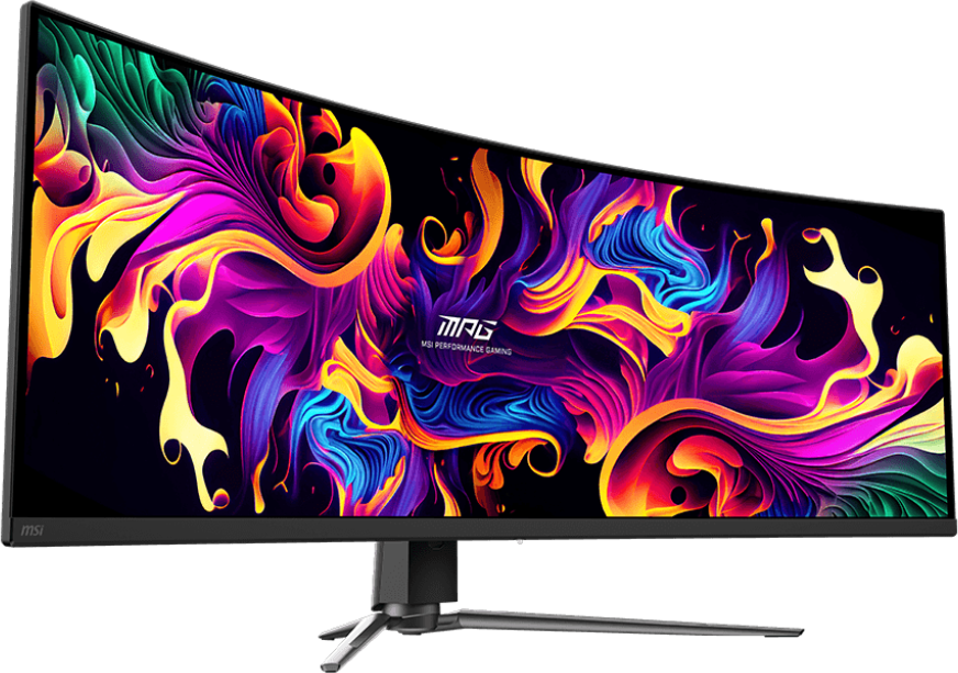 Ívelt gamer monitor, amely élénk, színes absztrakt dizájnt jelenít meg állvánnyal.