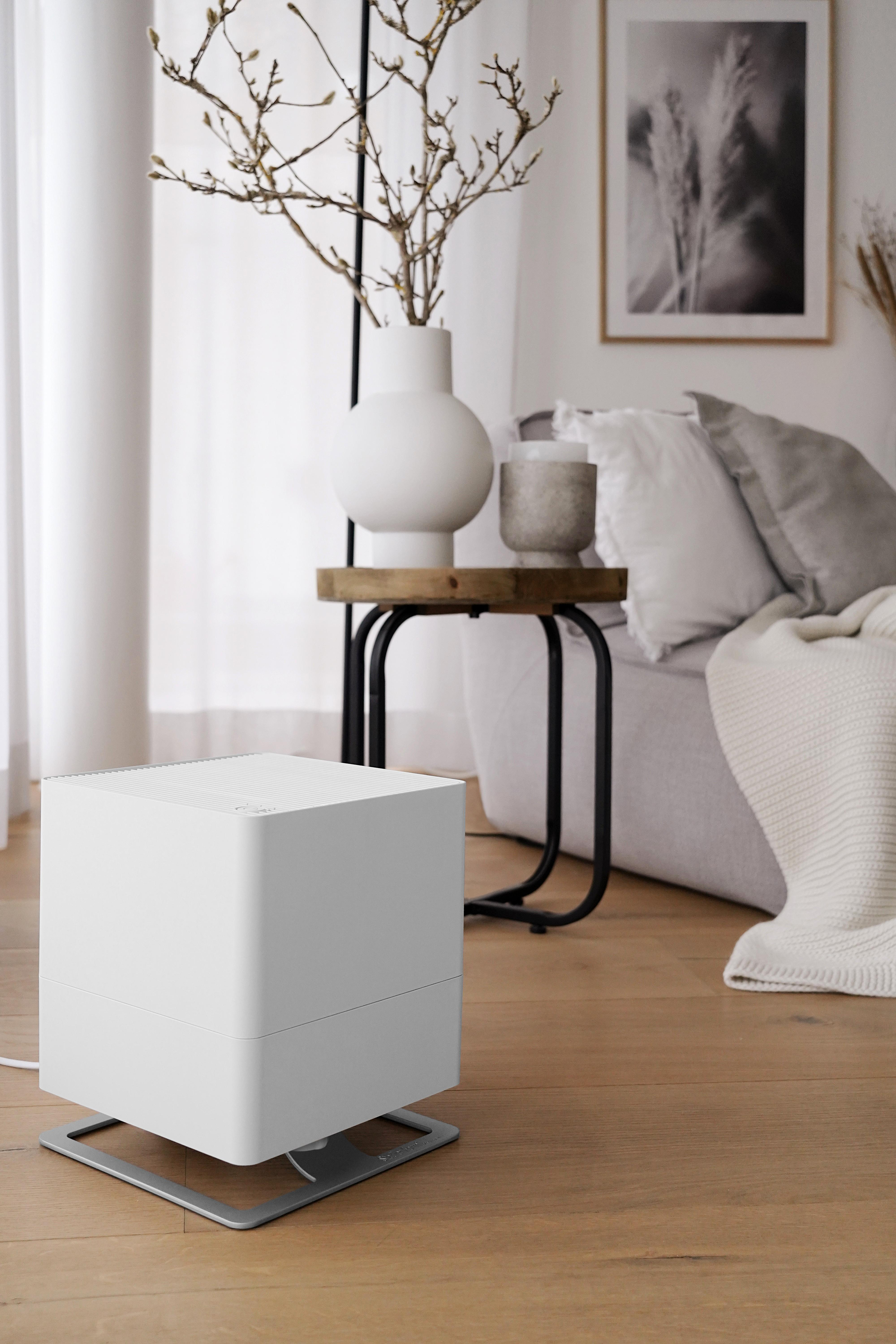 Weißer Luftbefeuchter auf Holzboden mit Beistelltisch, Vase und Bild im Hintergrund.