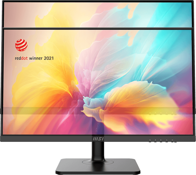 Egy monitor színes képet jelenít meg Red Dot Design Award logóval.