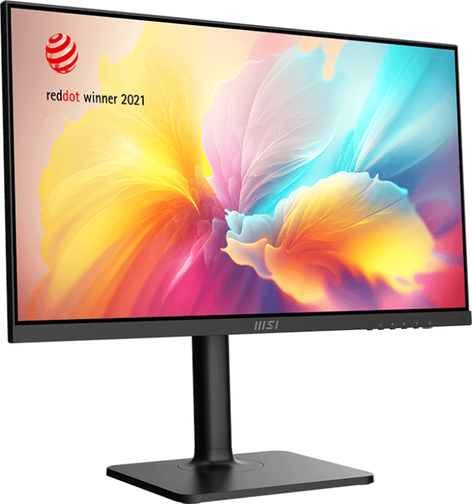 MSI monitor színes háttérrel, fekete állvánnyal. Reddot winner 2021 címke.