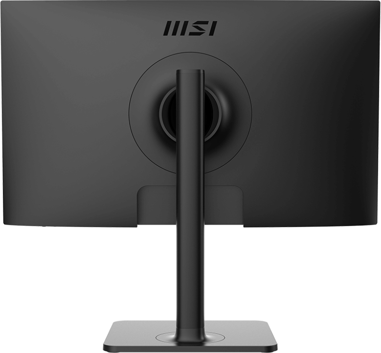 Fekete monitor hátulja állvánnyal. A MSI logója felül található.