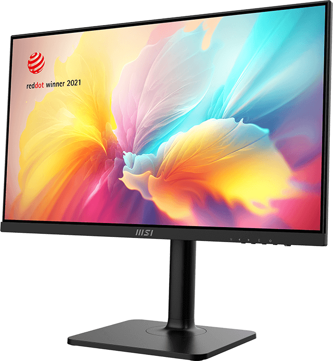 MSI monitor fekete állványon, színes képernyővel, Red Dot díj.