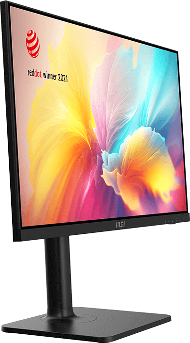 MSI monitor színes kijelzővel és fekete állvánnyal, Reddot Winner logóval.