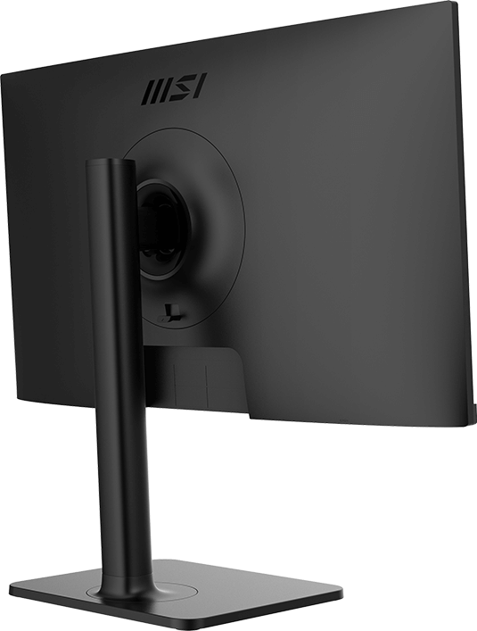 Fekete számítógép monitor hátulja, állvánnyal. MSI logó látható. Fekete háttér.