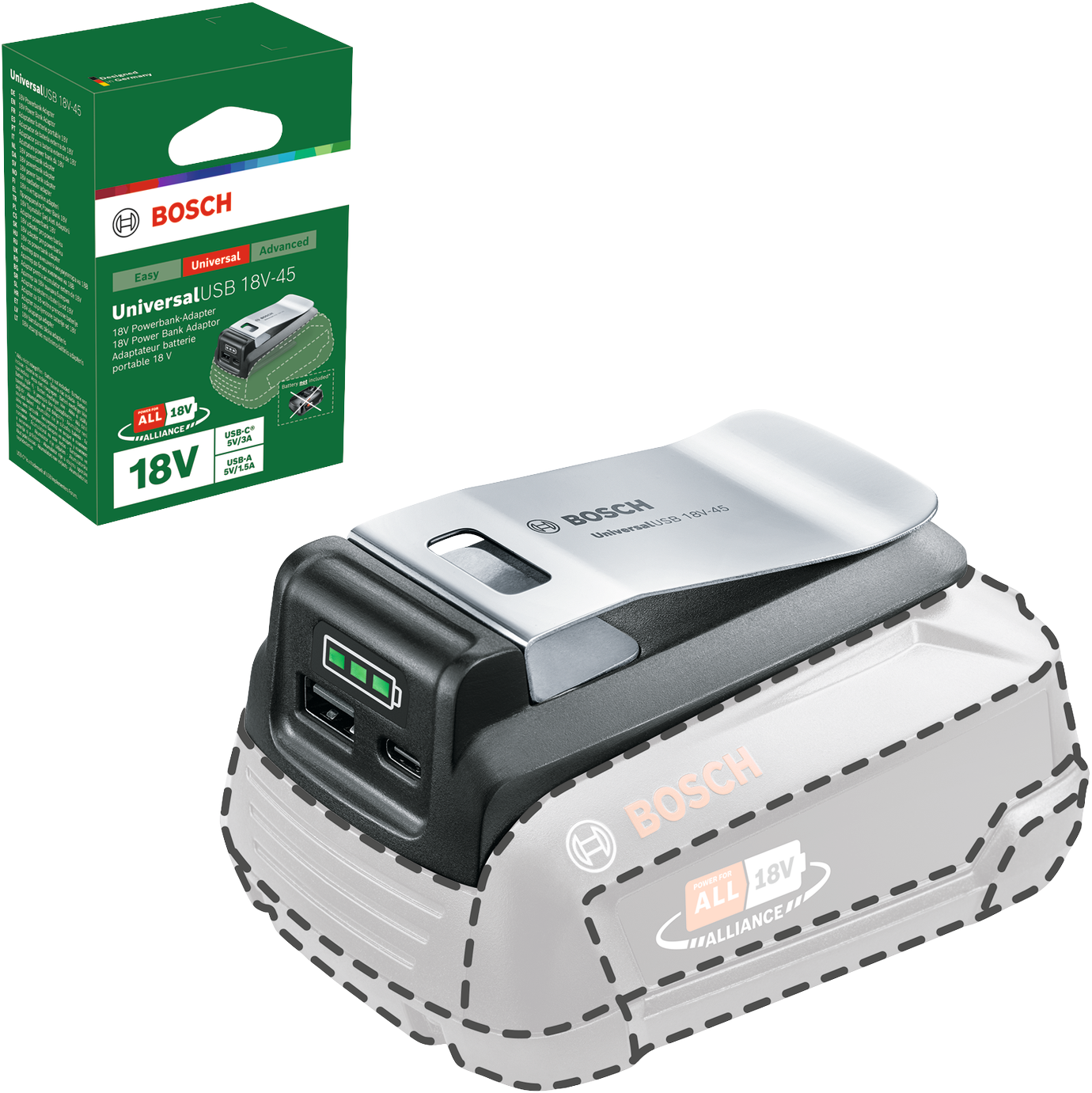 Bosch 18V-os hálózati adapter és akkumulátor csomag dobozzal.