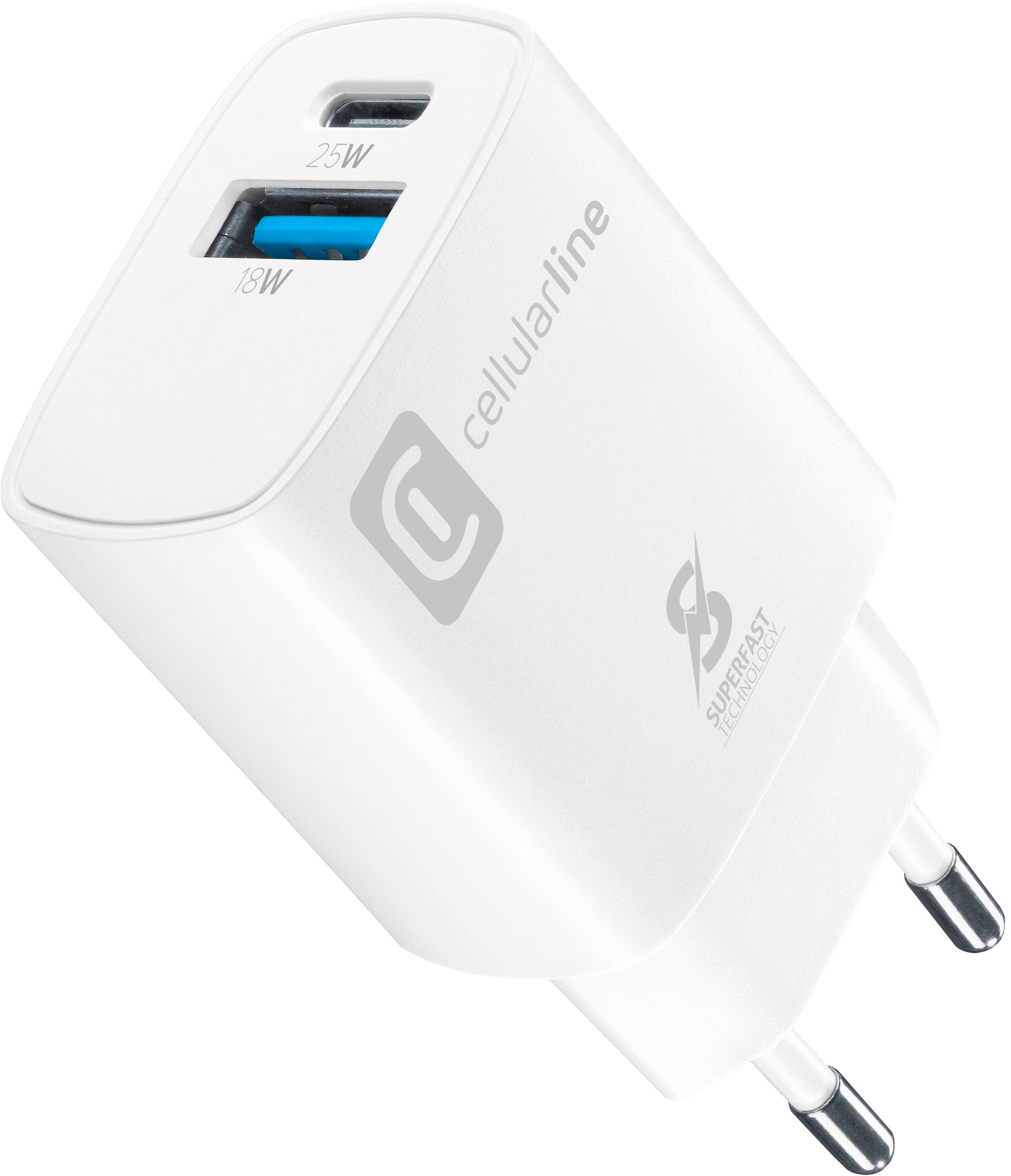Weißes Ladegerät mit zwei Anschlüssen, einem 25W USB-C und einem 18W USB-Anschluss. Marke: cellularline.