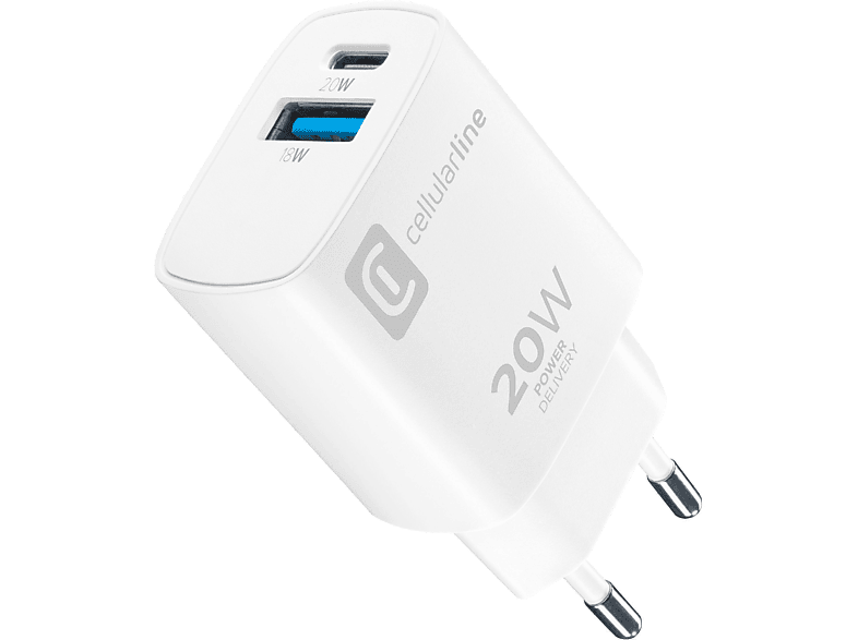Cellular Line Reiseladegerät 20W, USB A + USB C,weiss; USB C Netzteil
