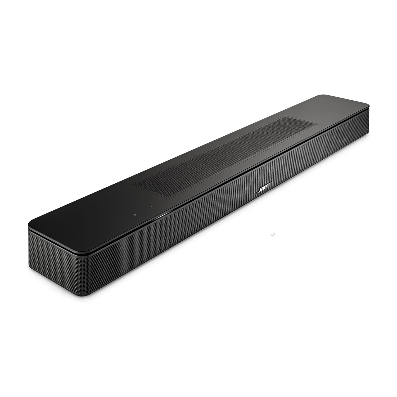 Soundbar Bose nera su sfondo bianco. La soundbar è rettangolare e ha una superficie a rete.