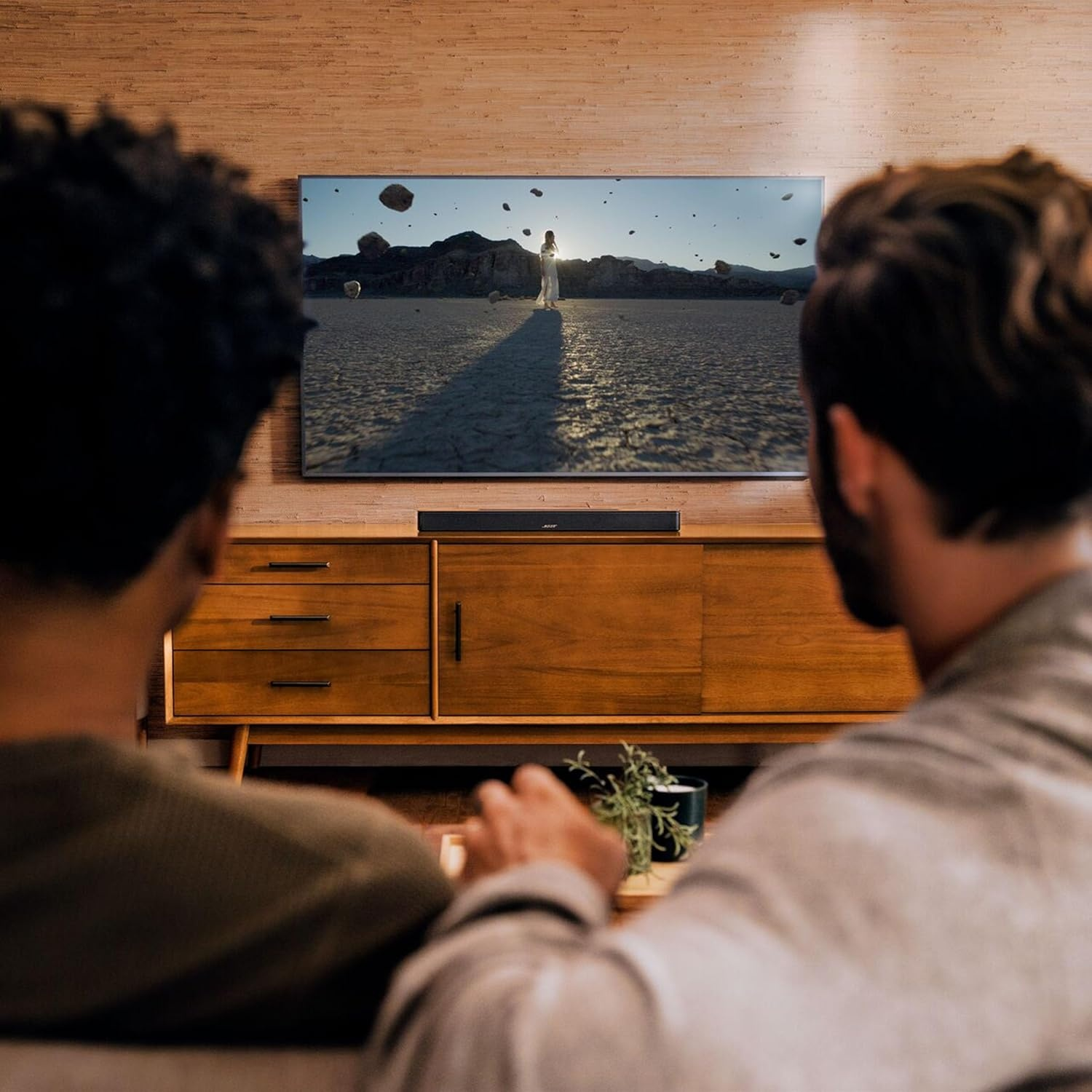 Due uomini guardano la TV. Mobile in legno, soundbar, paesaggio sullo schermo. Vista posteriore, concentrati sullo schermo.