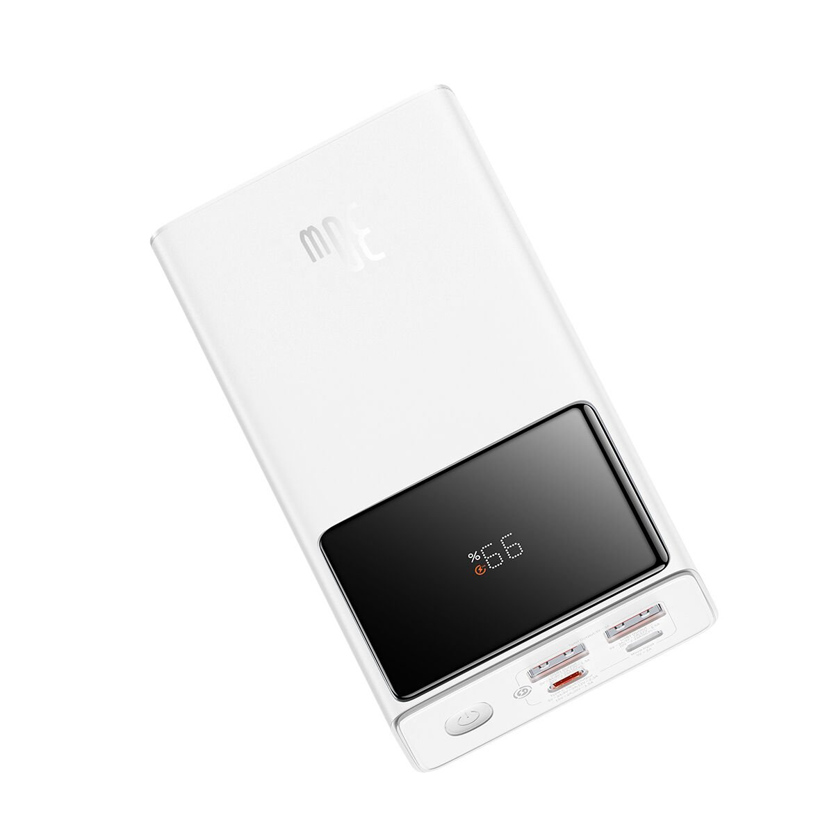 Siyah ekranlı beyaz powerbank, %65 gösteriyor.