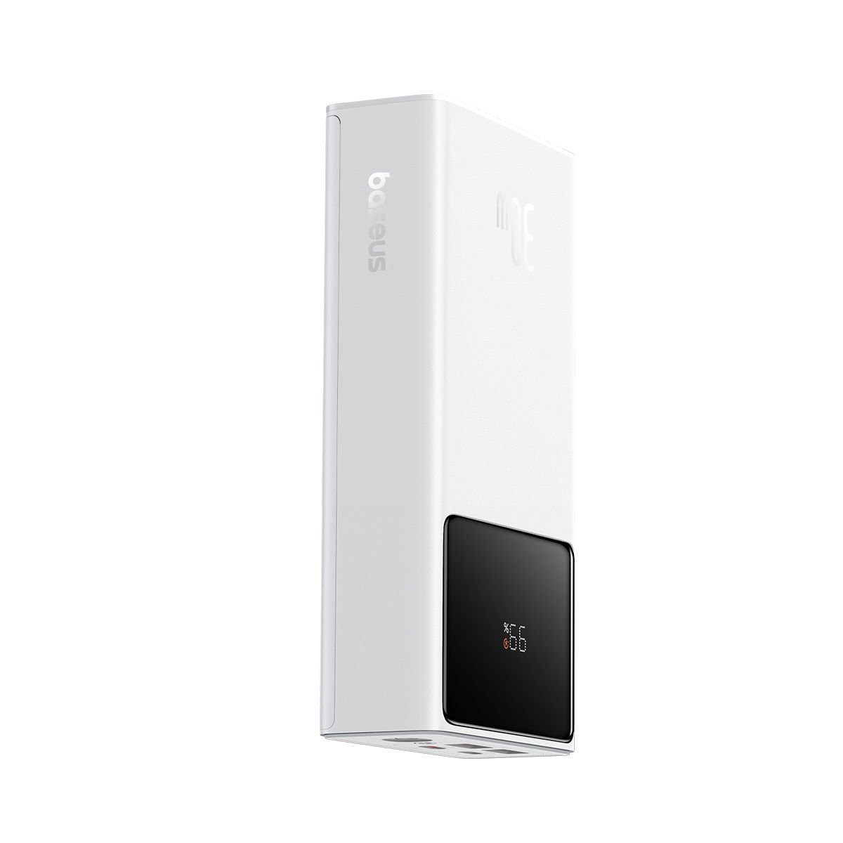 Baseus logolu beyaz bir powerbank ve siyah bir ekran.