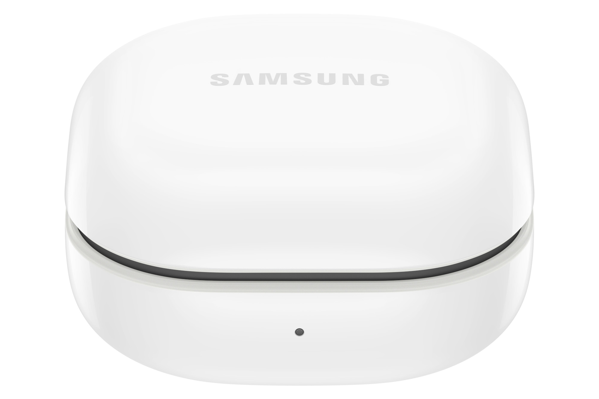 Białe etui na słuchawki Samsung, zamknięte, z nazwą marki na pokrywie.