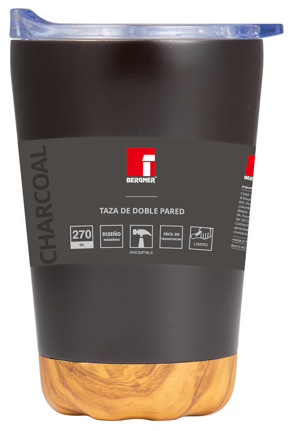 Szénszín szigetelt utazóbögre, fa alappal és átlátszó tetővel. A márka logója a címkén található.