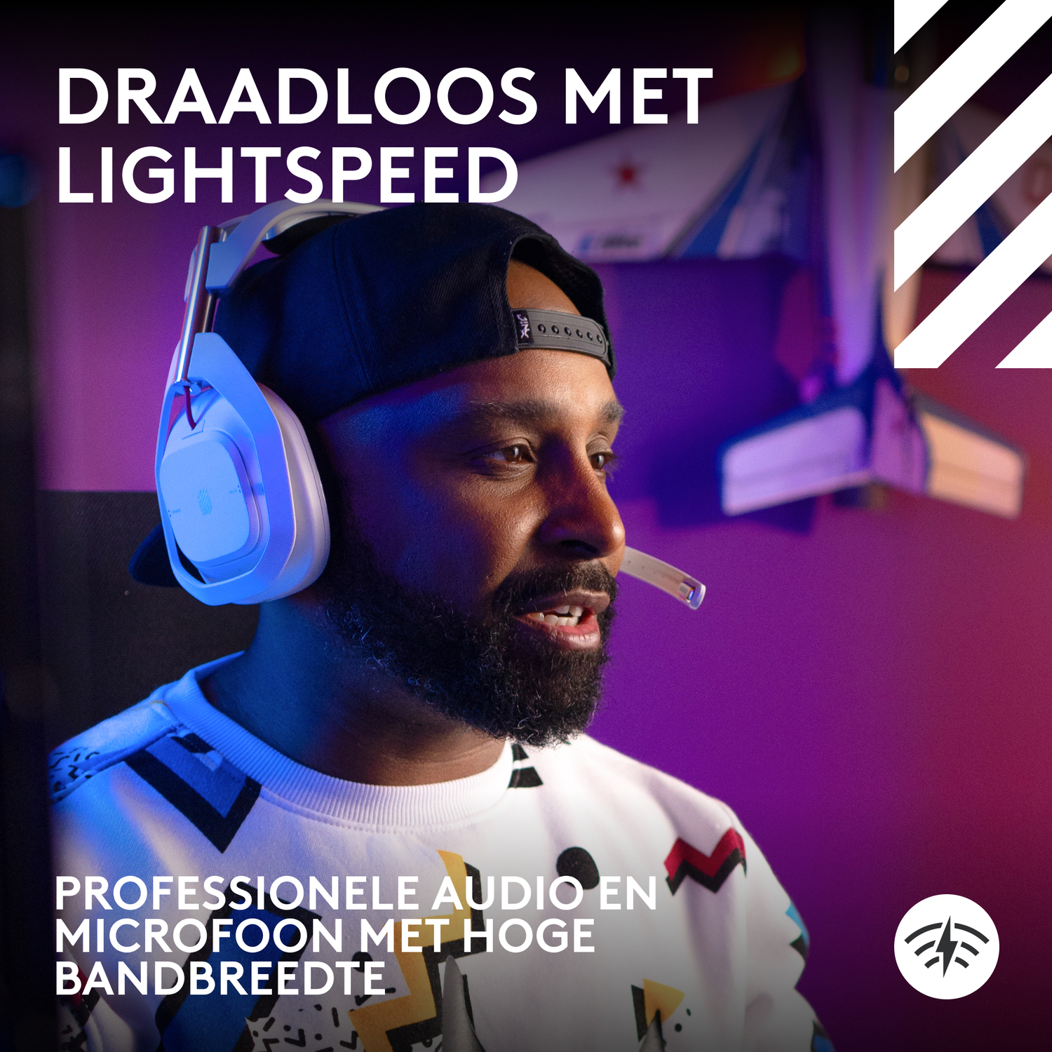 A man wearing a headset with a microphone. Text reads 'Wireless with Lightspeed' and other product details.
