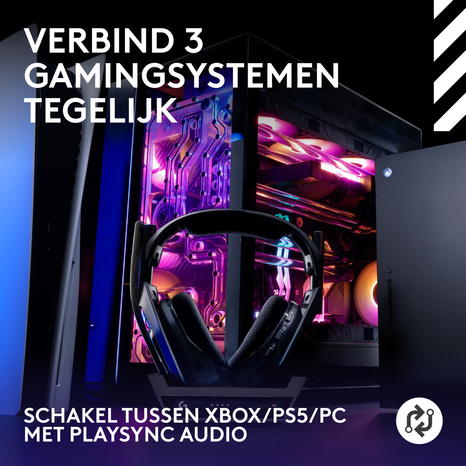 Gaming setup with a computer, headphones, and a gaming console. Purple and blue lights.