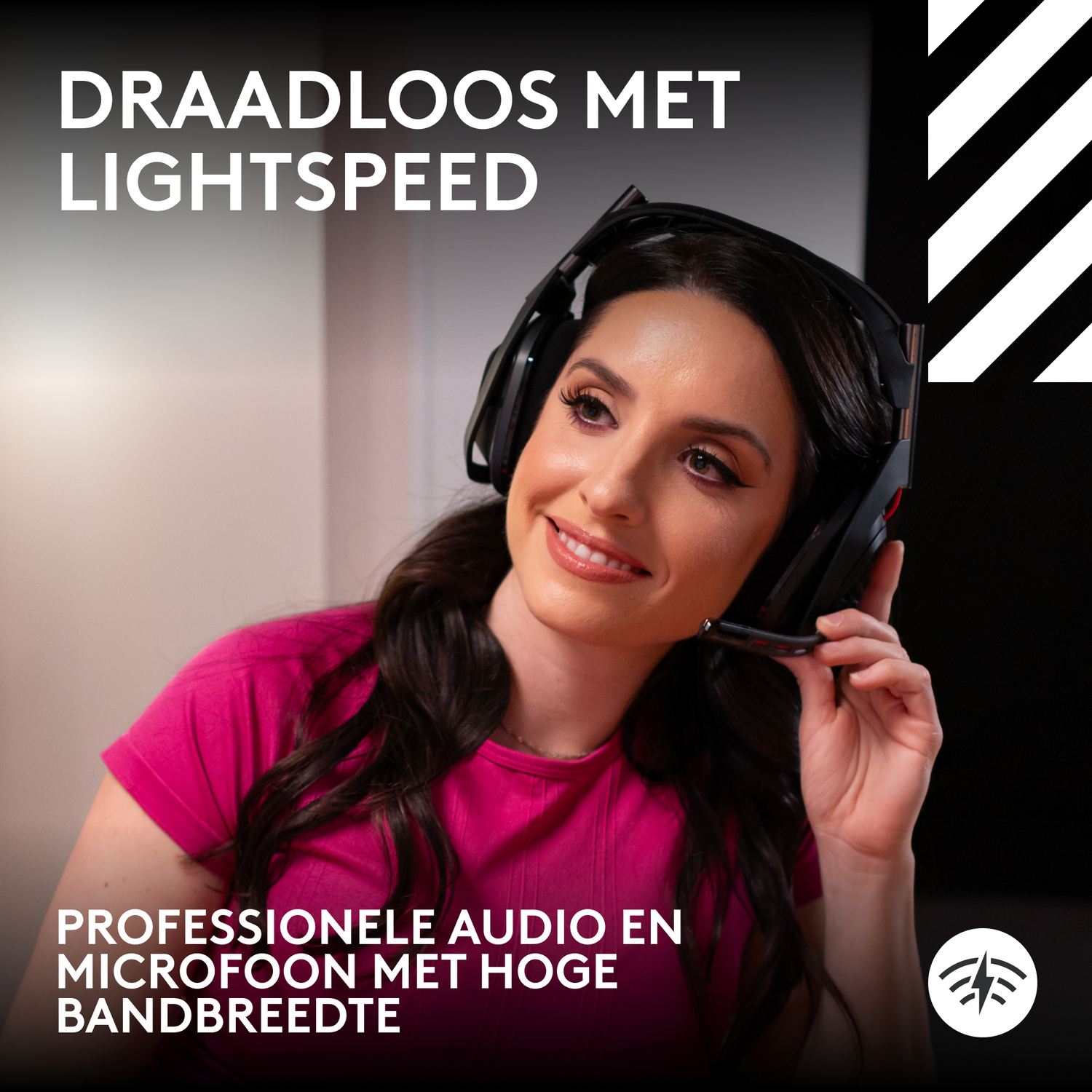 Woman wearing a headset, smiling, with text about wireless audio and a microphone.