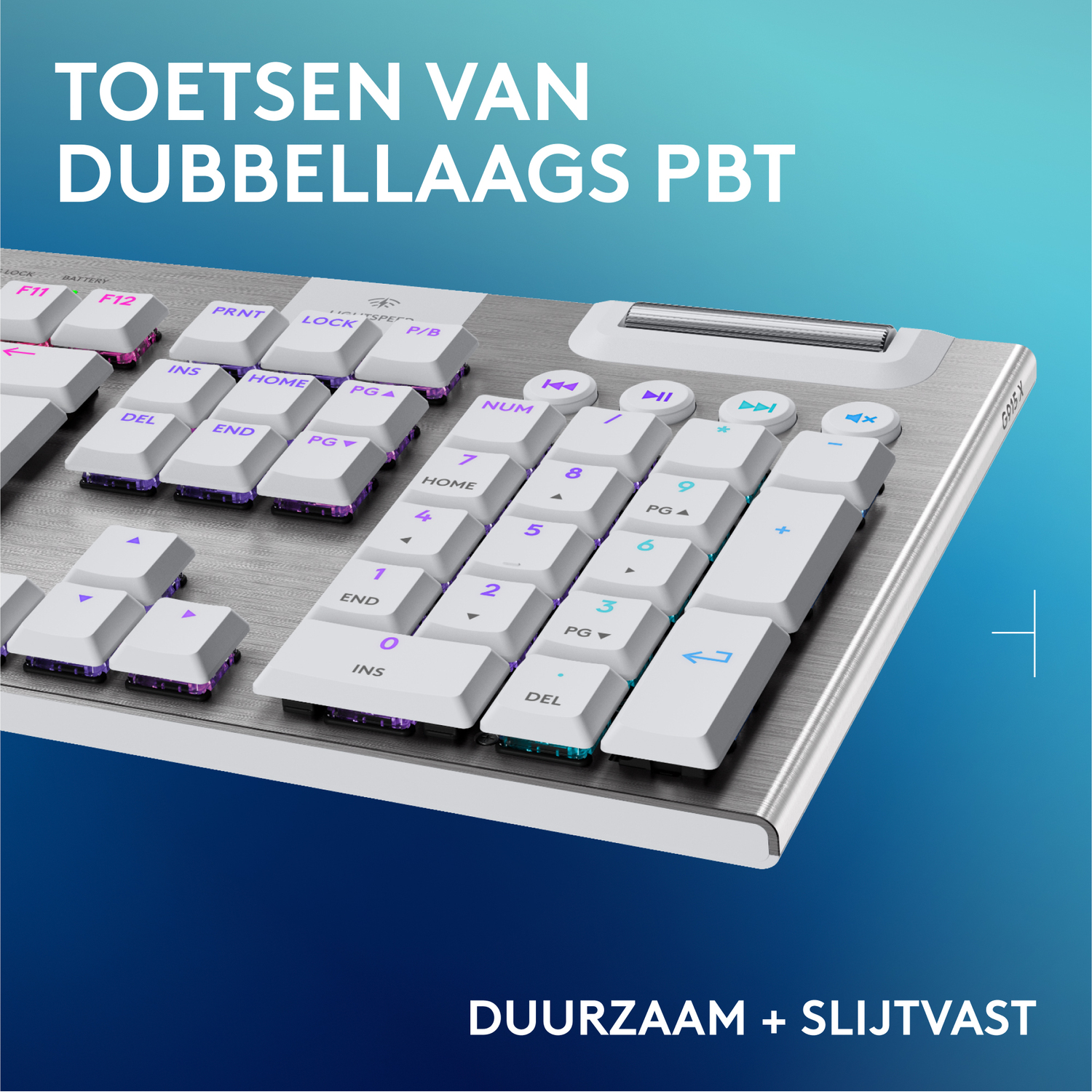 Keyboard with white keys and a silver body. The text is in Dutch.