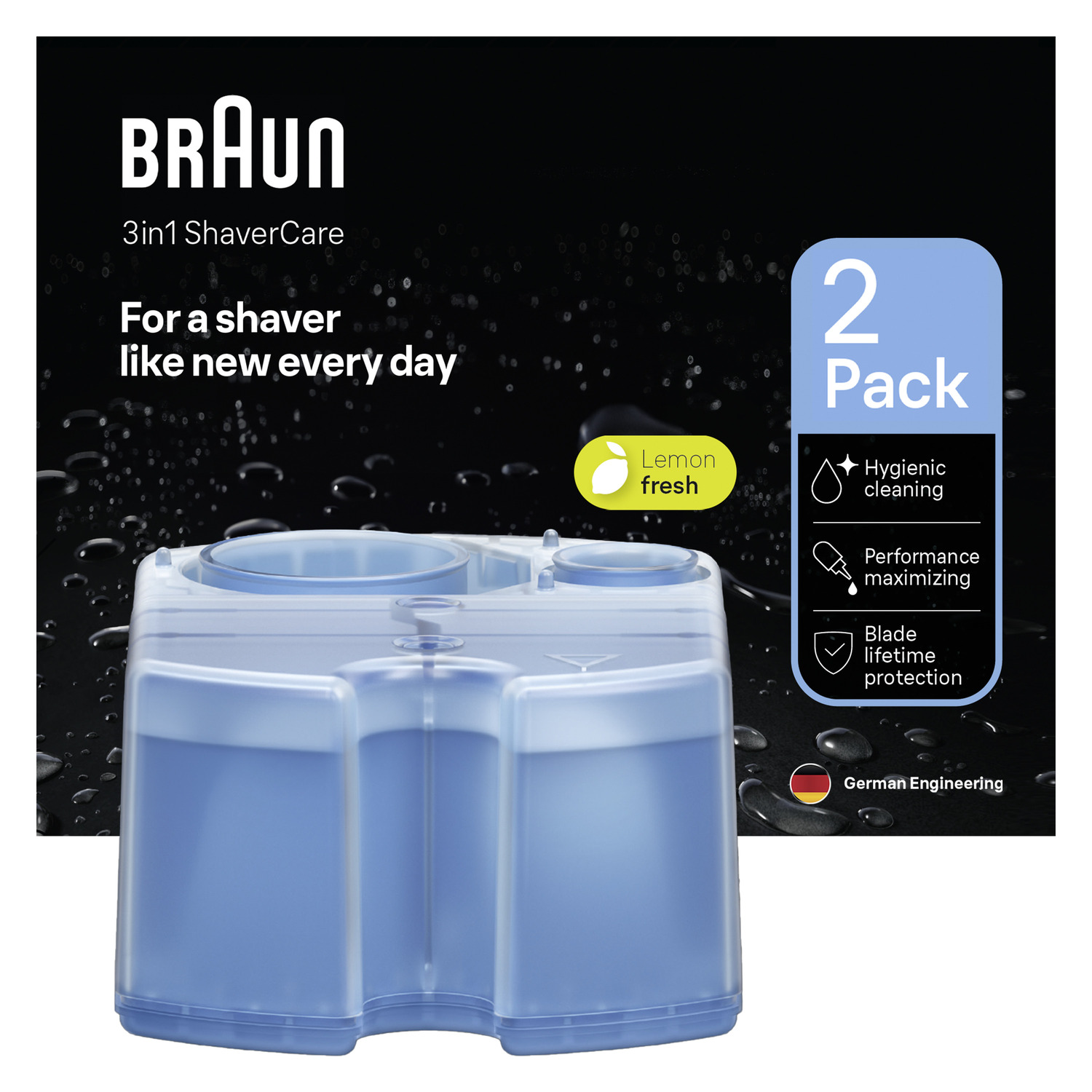 A Braun 3in1 ShaverCare product, with two blue cleaning cartridges.