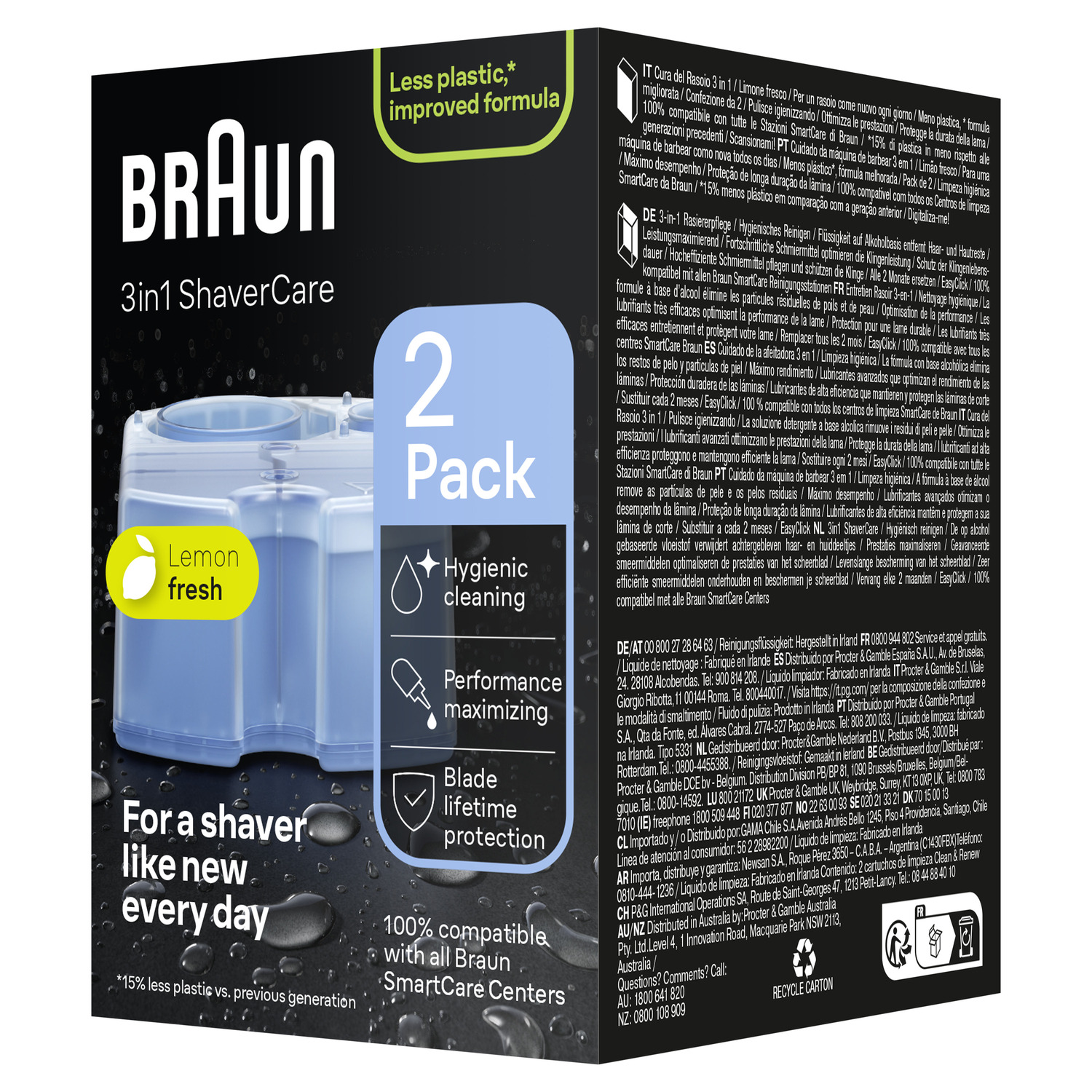A Braun 3in1 shaver care package with lemon fresh scent, and hygienic cleaning.