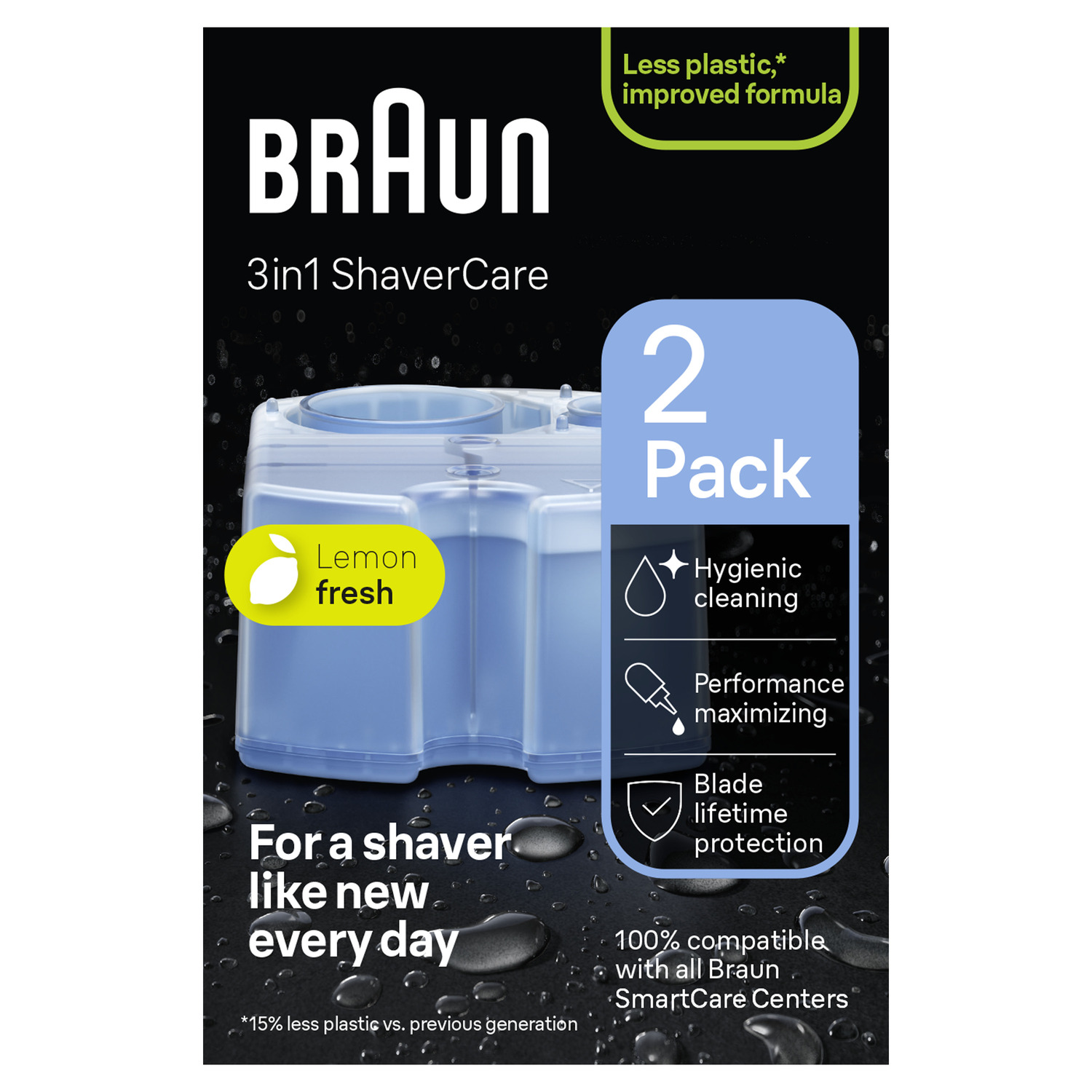 Braun 3in1 ShaverCare pack. Text: Lemon fresh, hygienic cleaning, and blade protection.