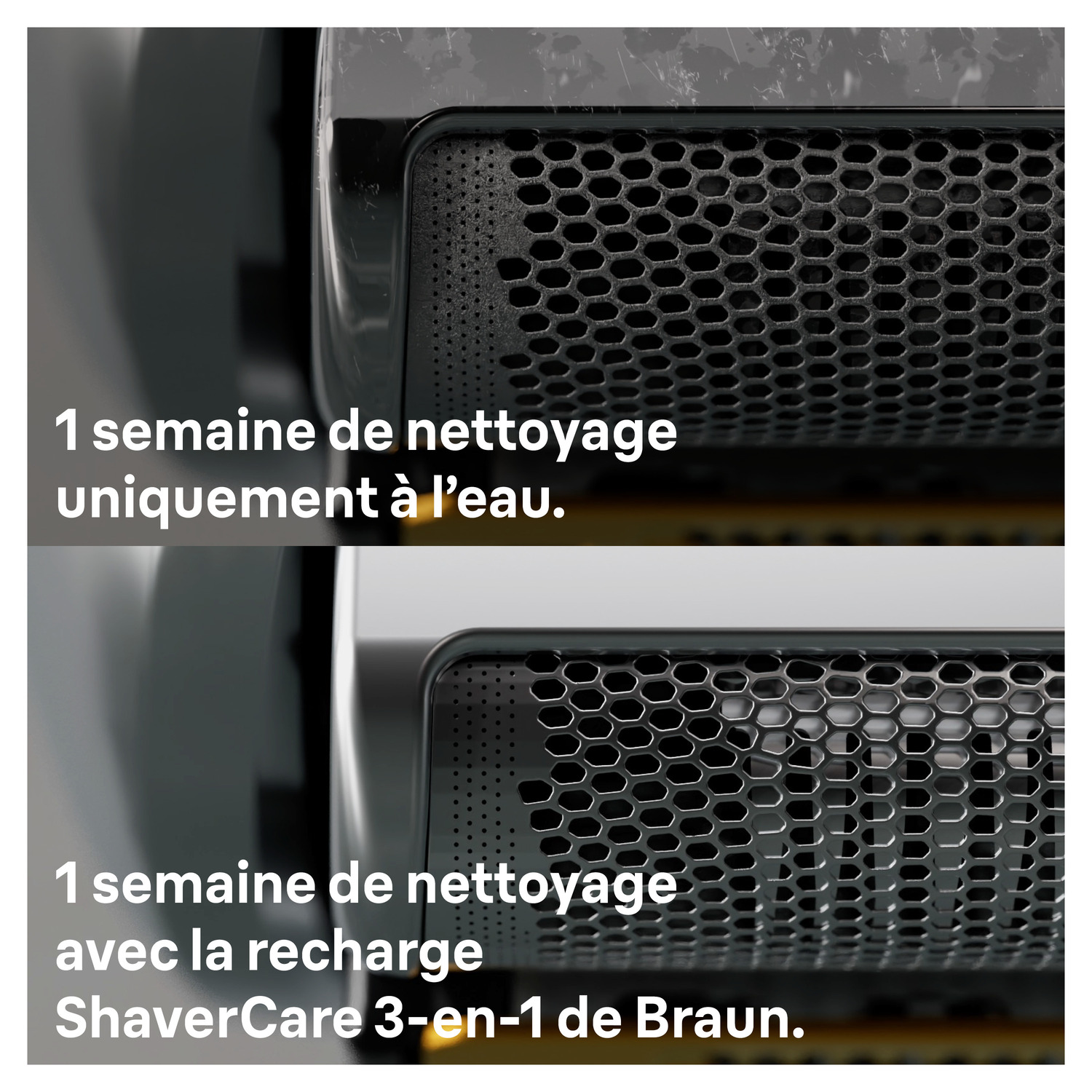 Gros plan d'une tête de rasoir montrant deux méthodes de nettoyage différentes en français.