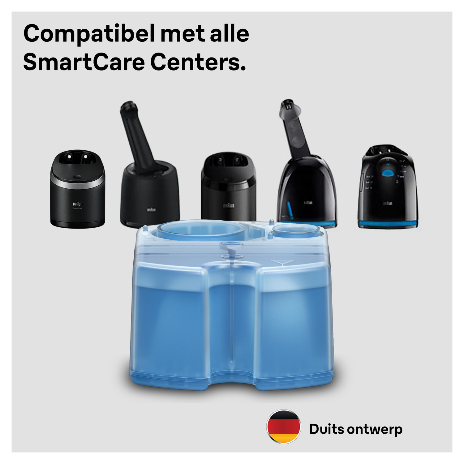 A blue SmartCare Center with several other black cleaning devices on a white background.