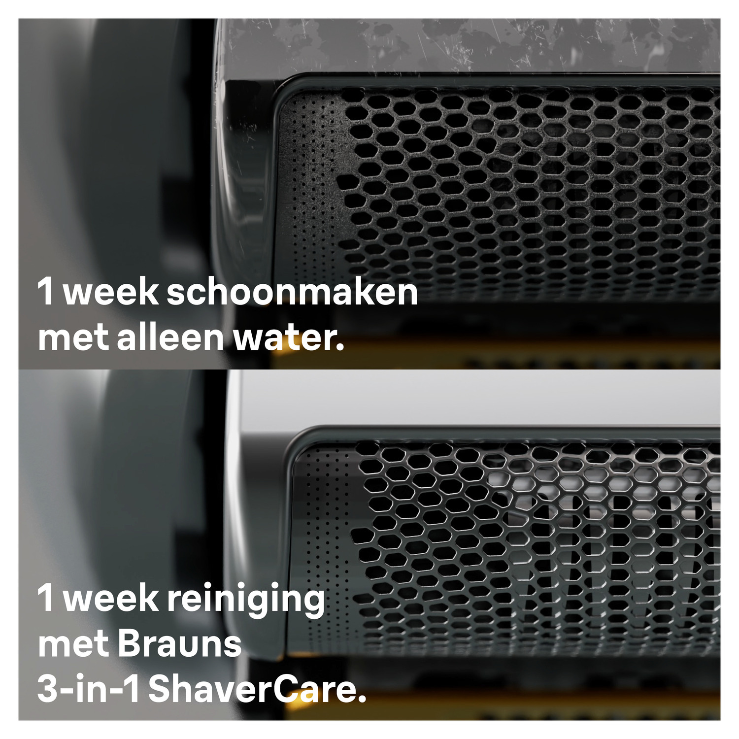 Close-up of shaver head with text about cleaning with water and 3-in-1 ShaverCare.