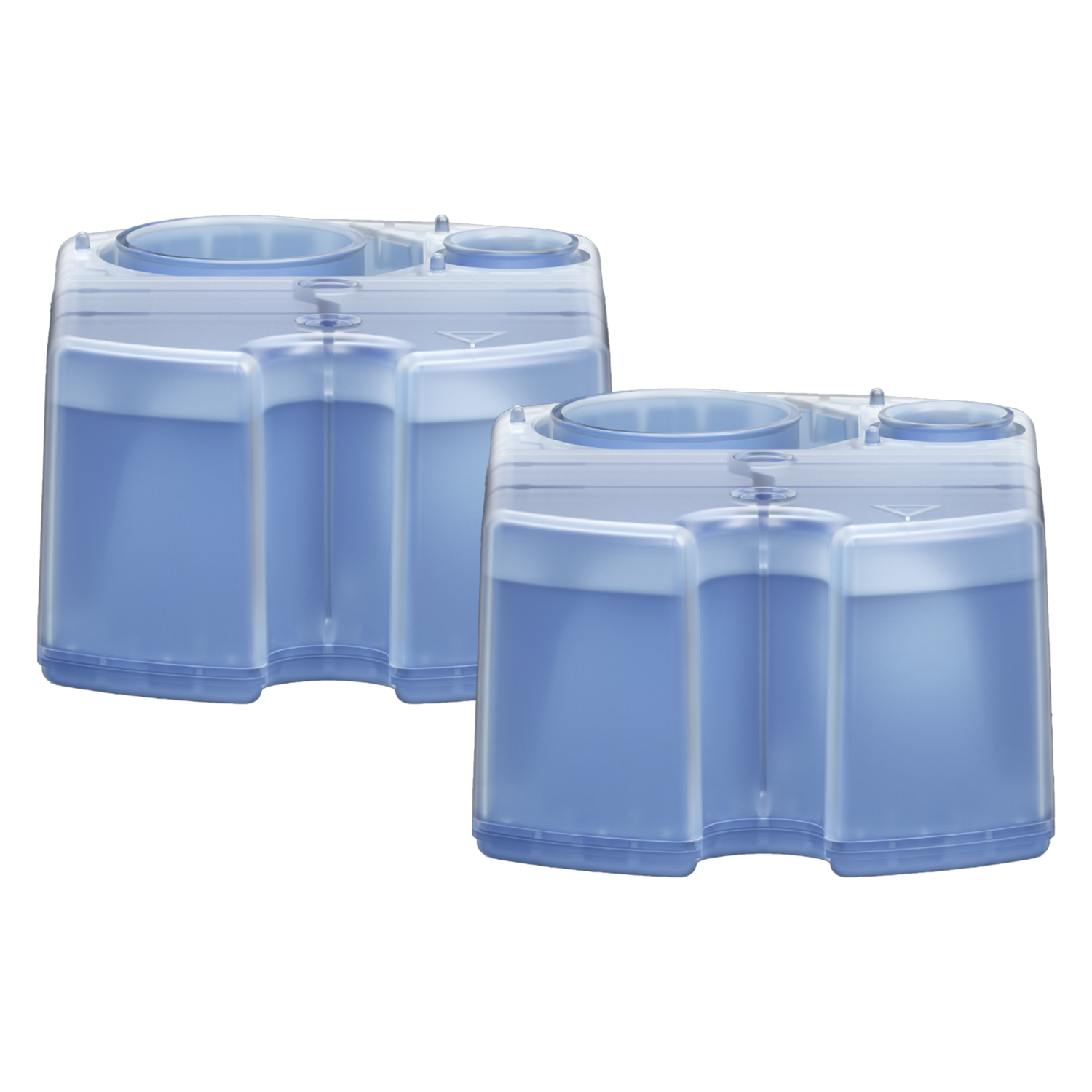 Two blue containers with blue liquid. The containers are square with a rounded top and bottom.