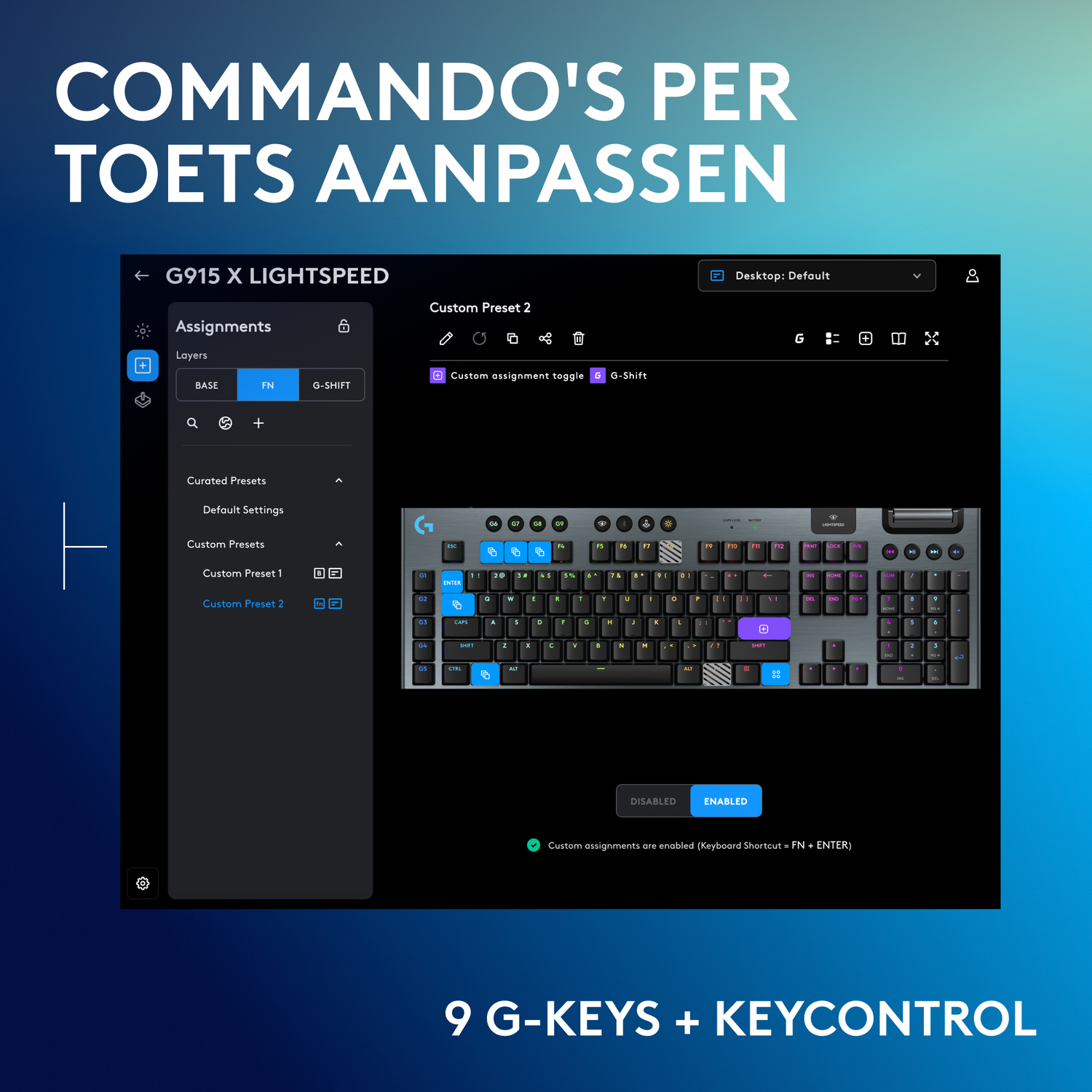 Interface showing keyboard customization options, with a keyboard and text.
