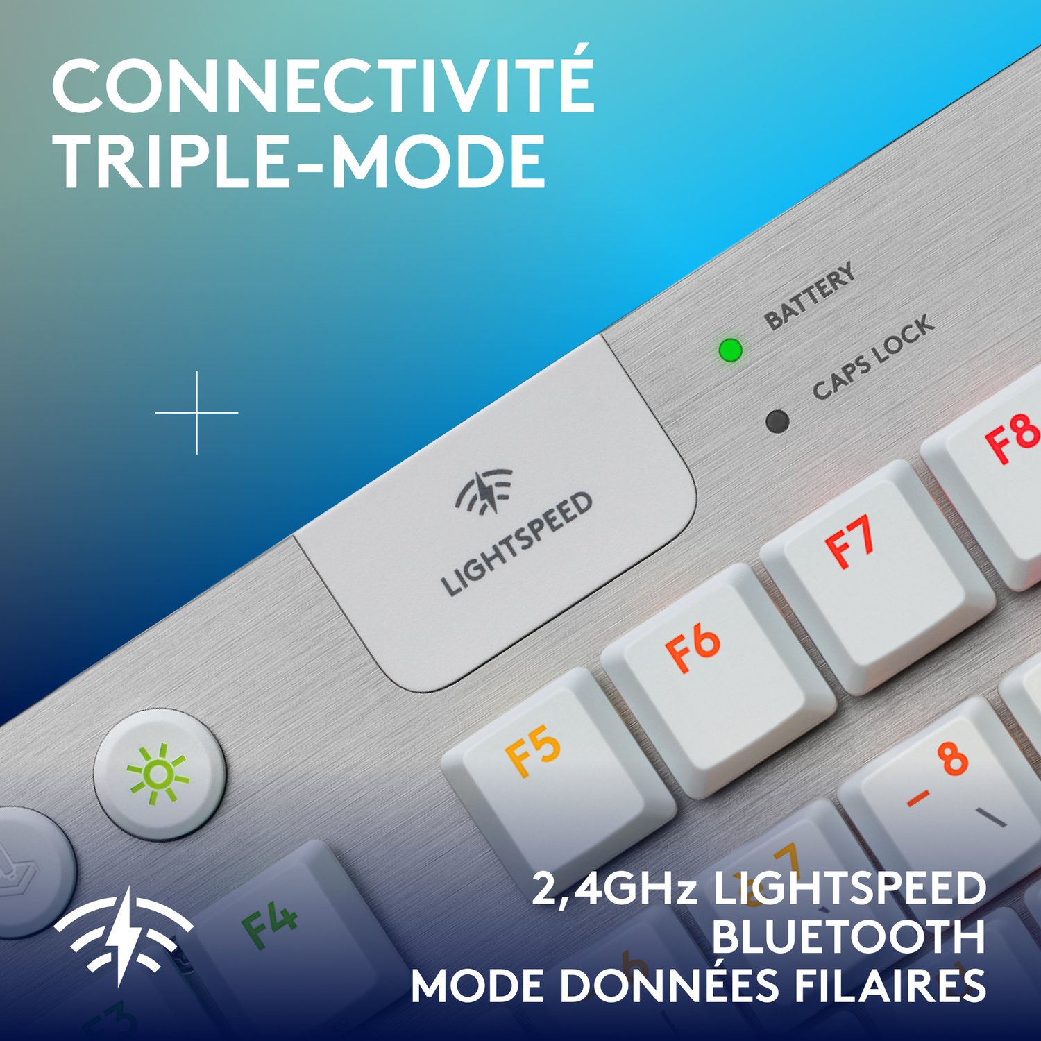 Gros plan d'un clavier, avec touches de fonction, et texte sur la connectivité.
