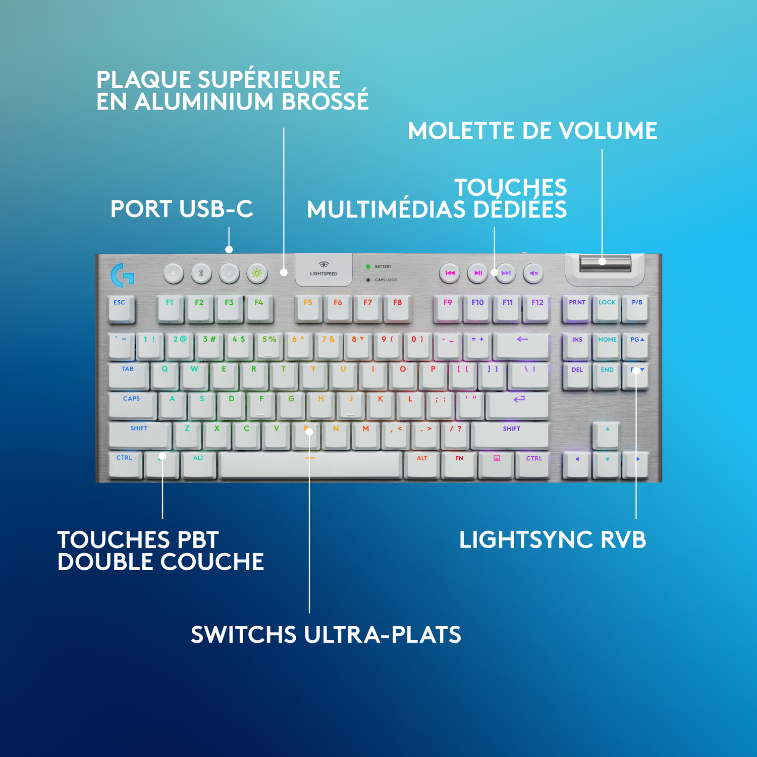 Un clavier argenté avec des touches étiquetées et une molette de volume en haut à droite.