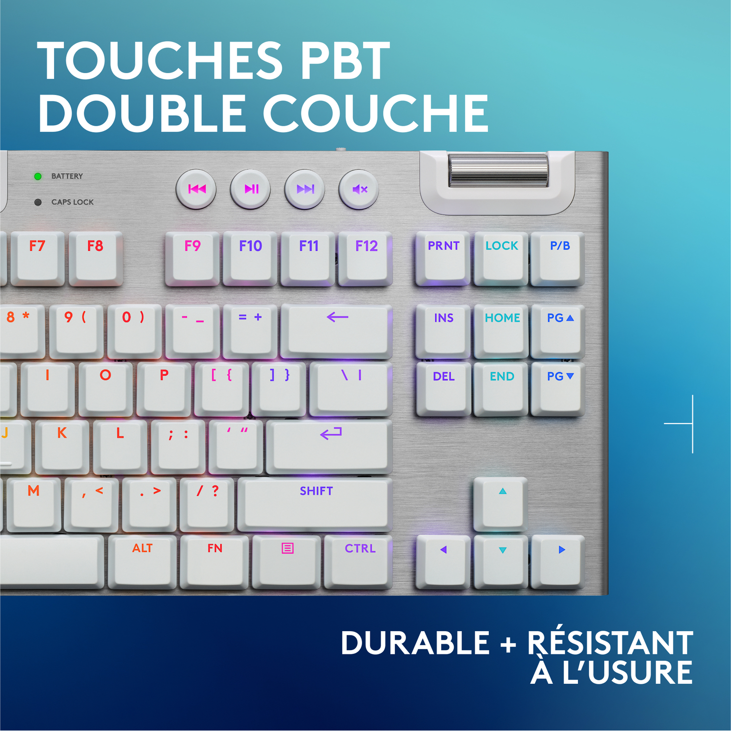Gros plan d'un clavier blanc avec des touches en surbrillance. La disposition est détaillée.