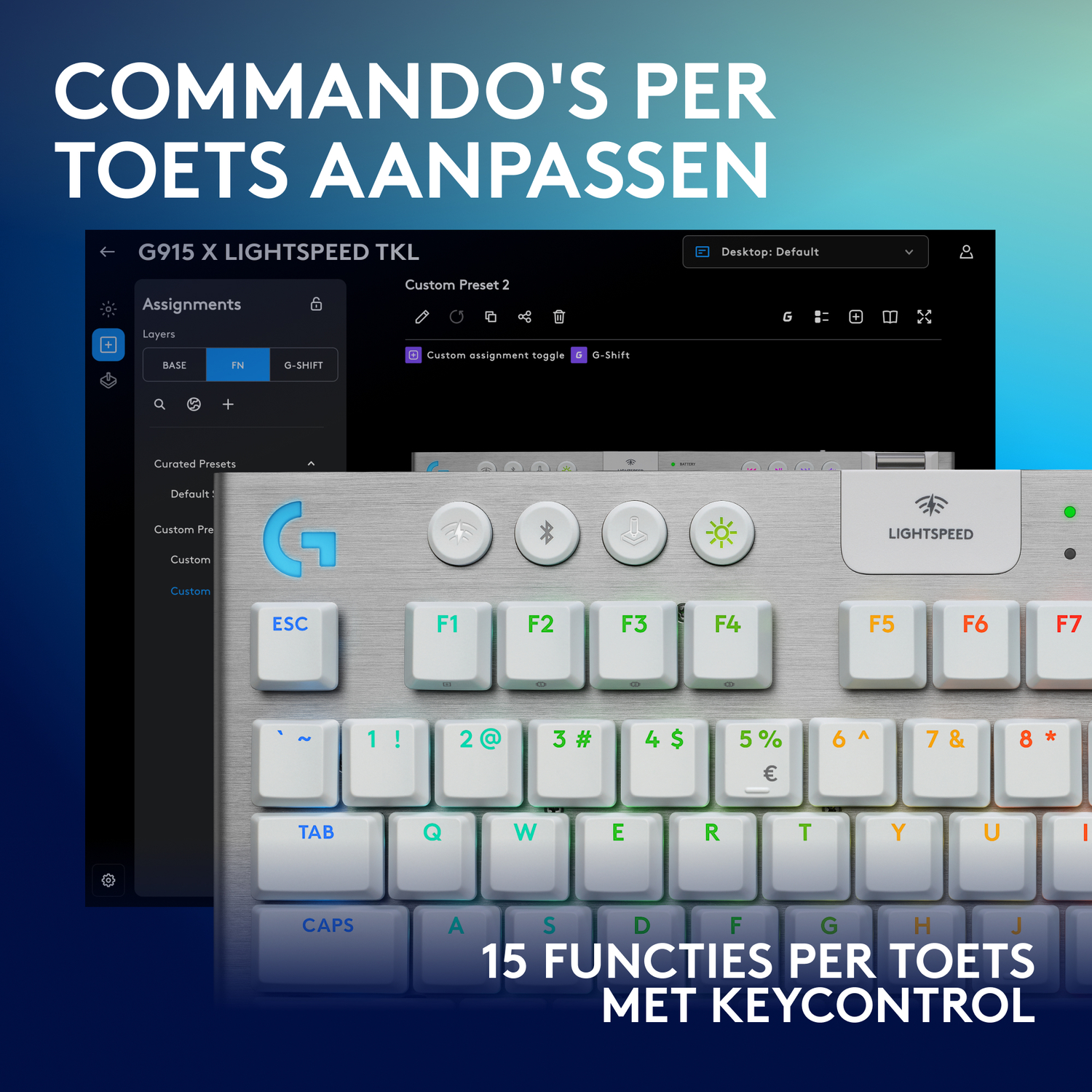 A white keyboard with many keys. The words on the top say 'Commando's per toets aanpassen'.