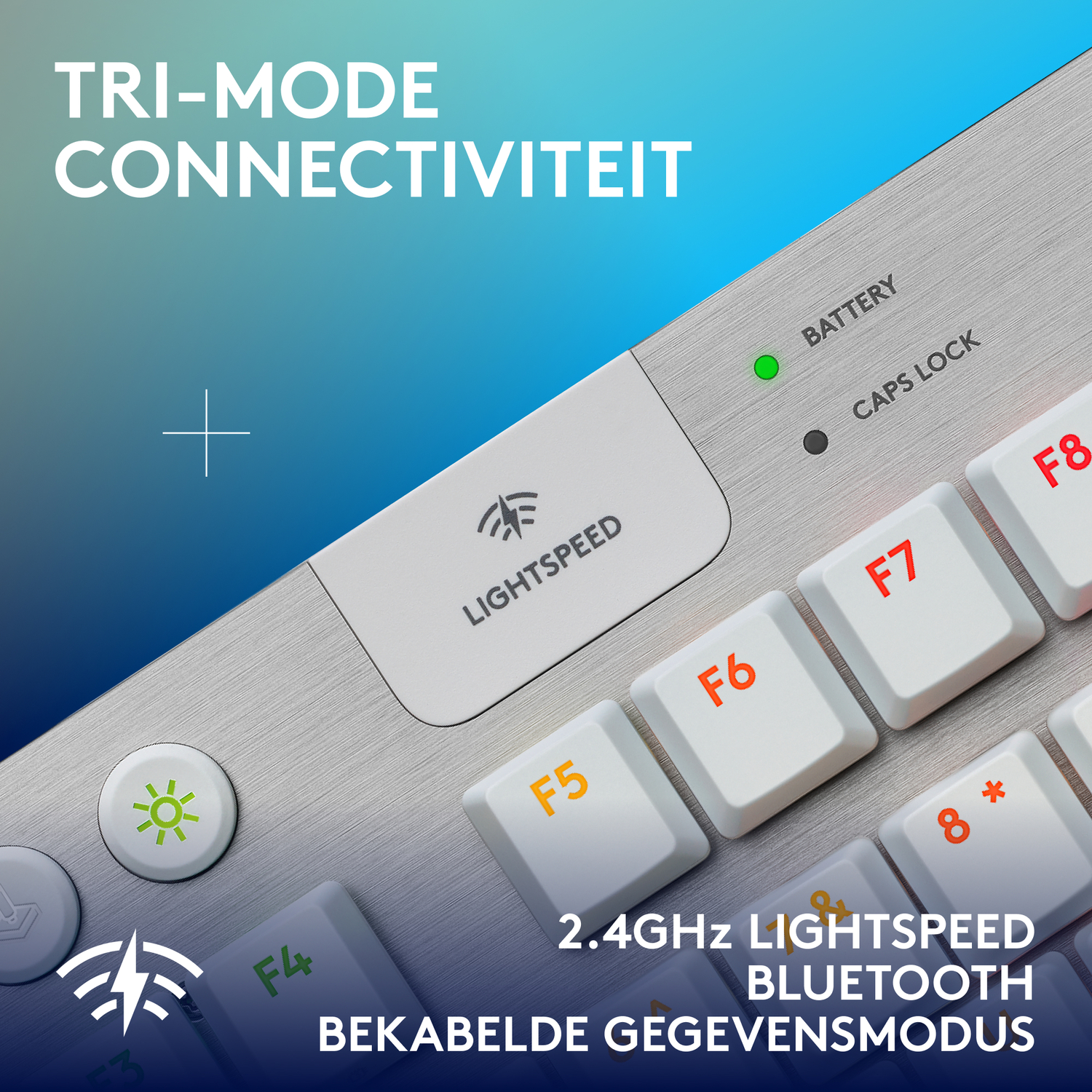 A keyboard with white keys, orange and red letters, and a green light. Text says 'Tri-Mode'.