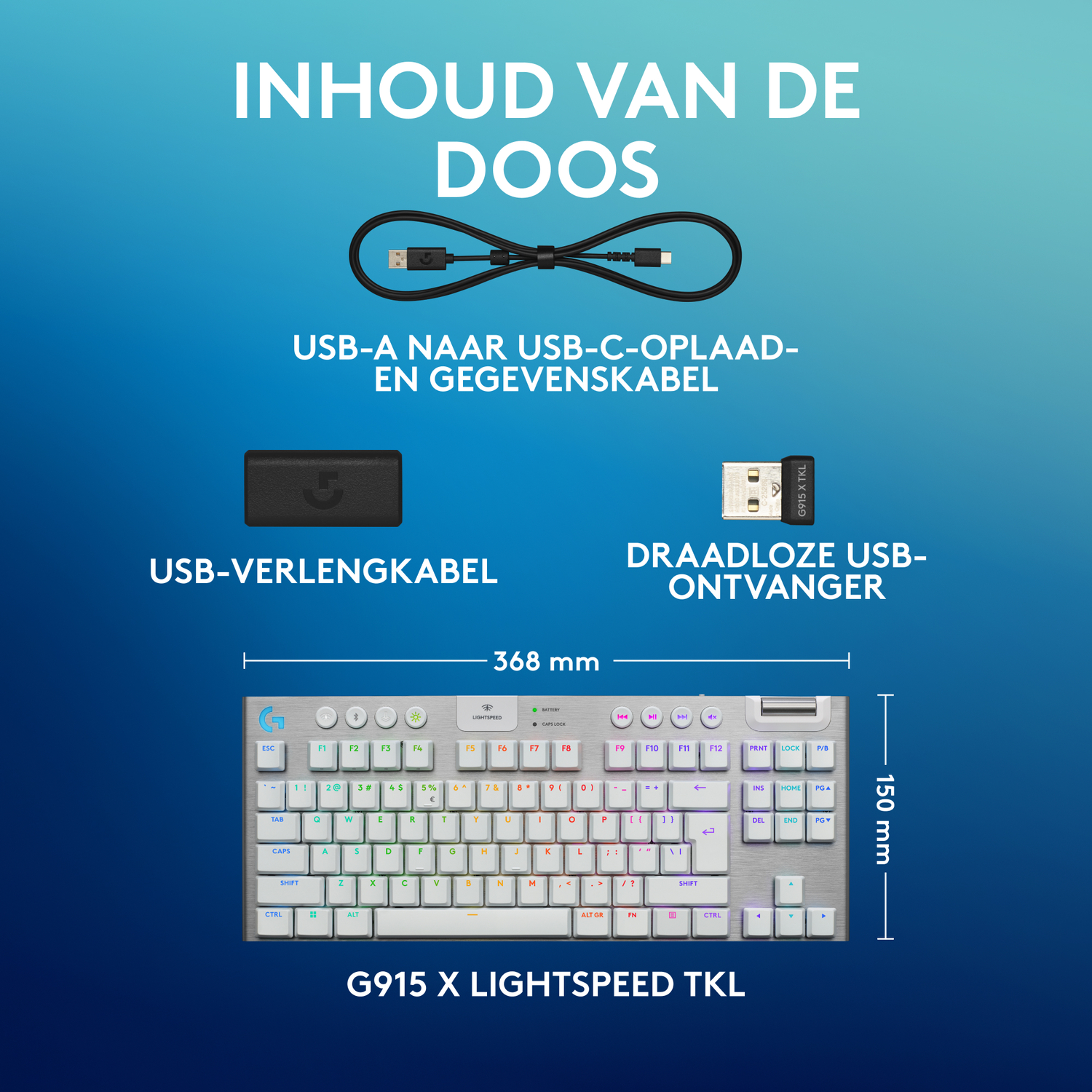 Keyboard with included accessories. Text: USB-A to USB-C cable, USB extender, and receiver.