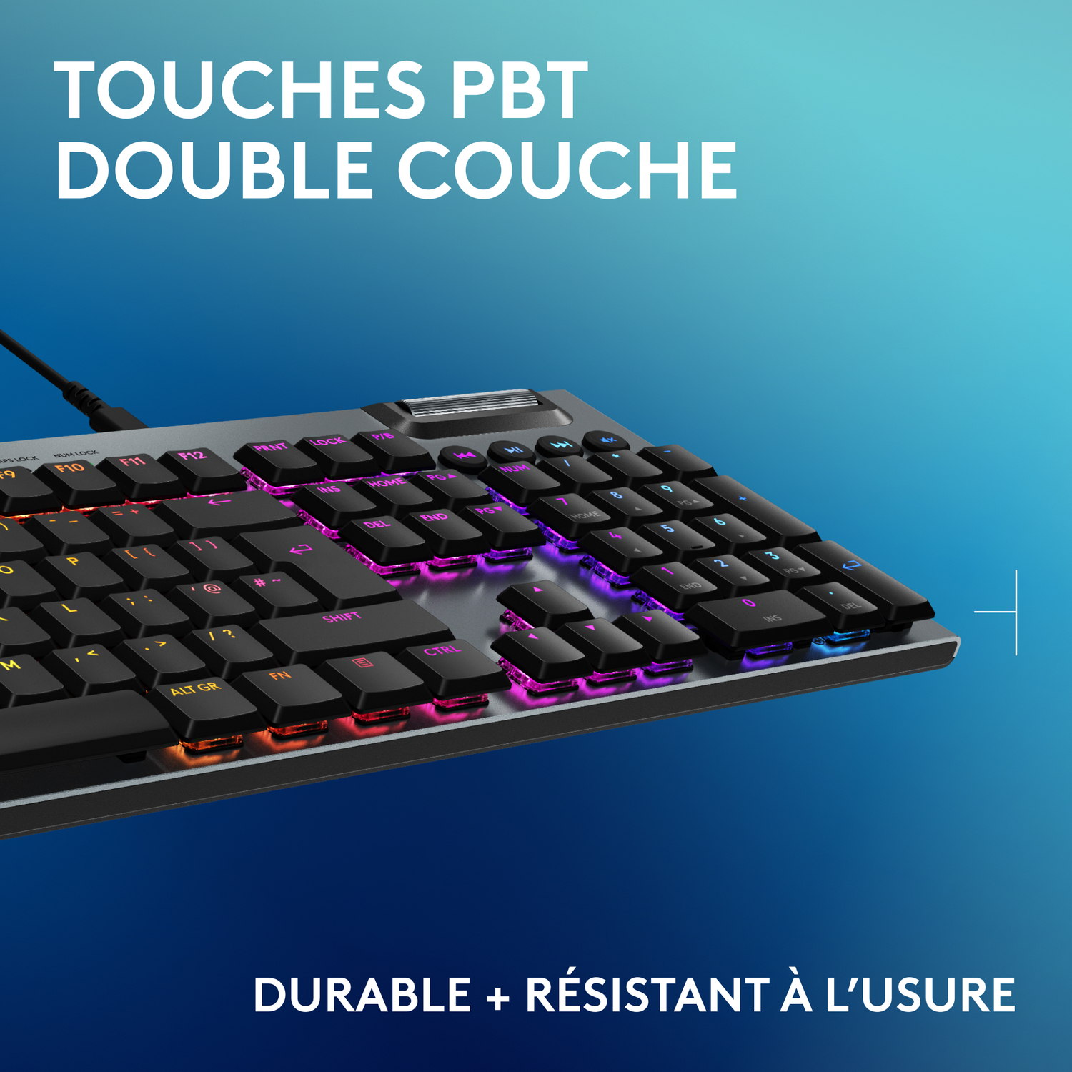 Un clavier, avec des touches colorées. Texte : Durable + résistant à l'usure.