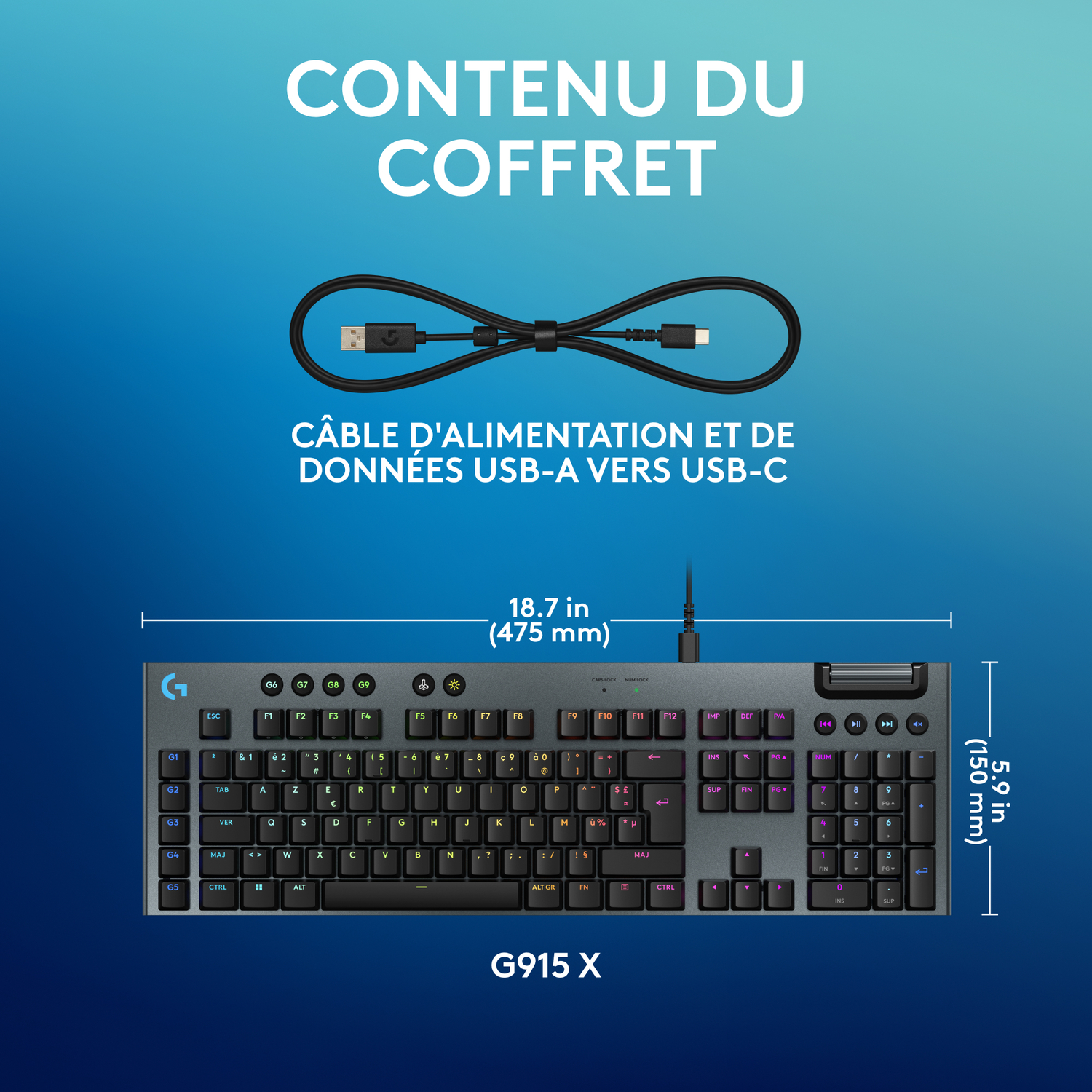 Un clavier, un câble et du texte. Le clavier est gris foncé, et le texte est en français.