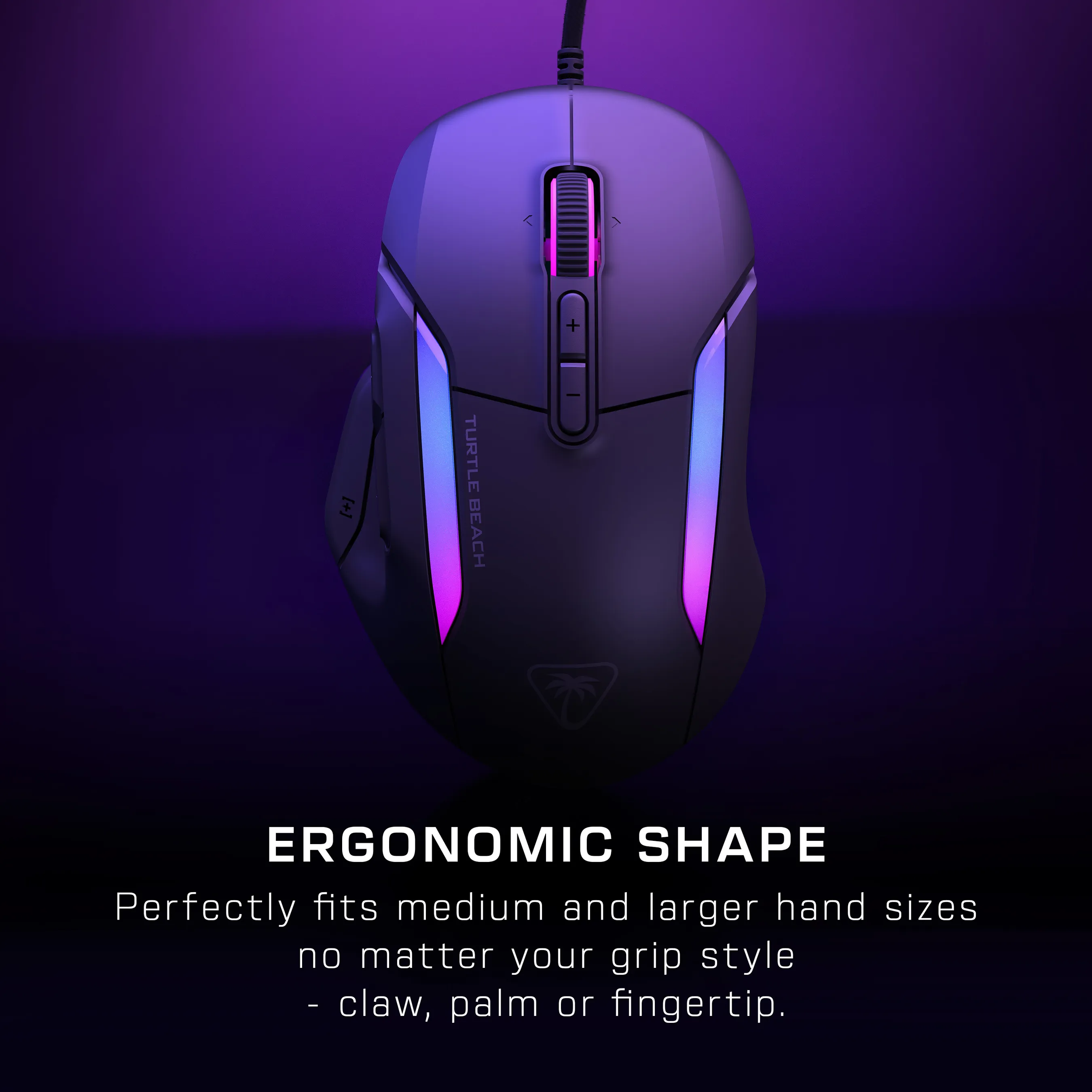 Mouse da gioco nero con accenti rosa e blu, forma ergonomica, su sfondo viola.