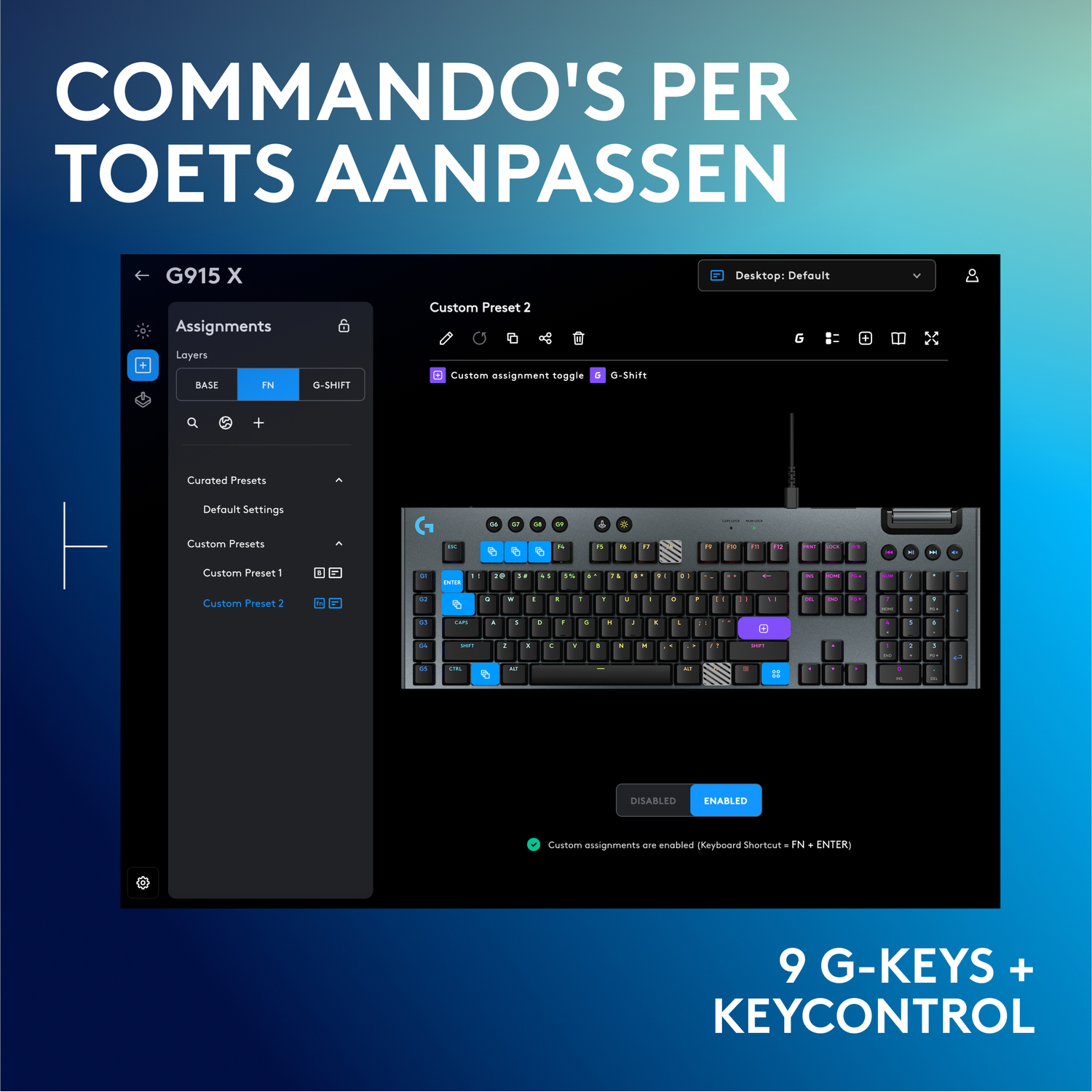 Keyboard customization interface with the G915 X keyboard in the background.
