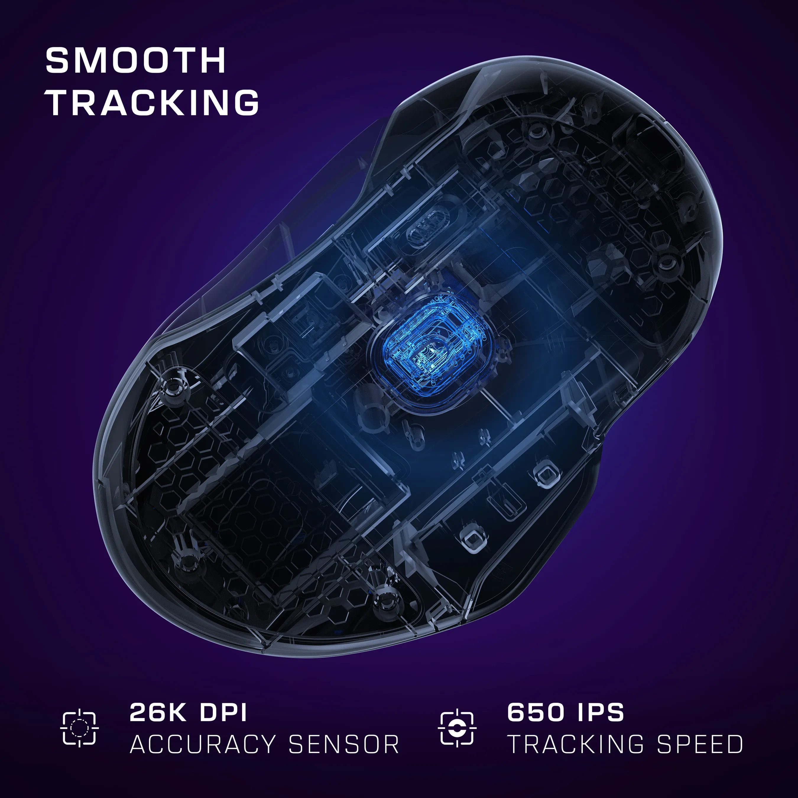 Un mouse da gioco trasparente con luci interne blu. Il testo dice 'Smooth Tracking'.