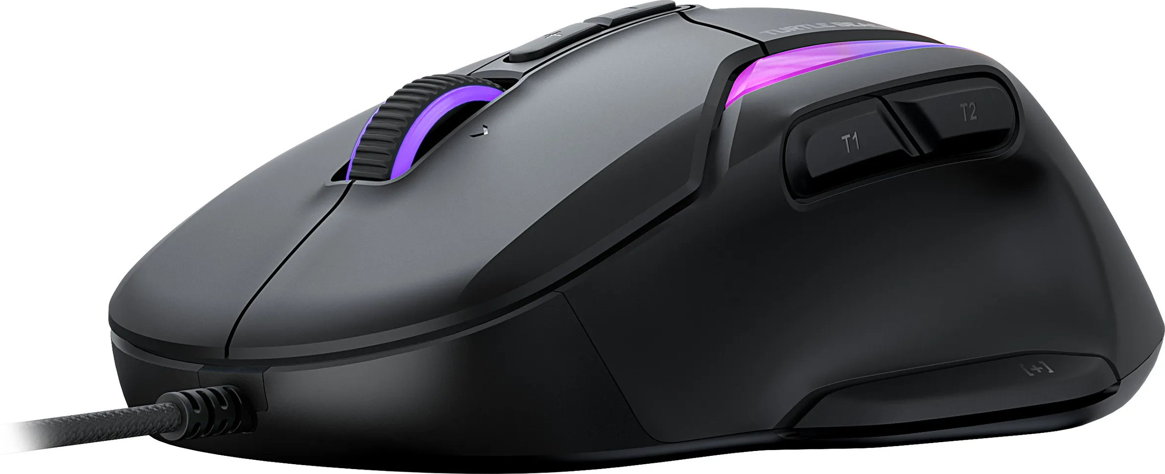 Mouse da gioco nero con pulsanti laterali e rotella di scorrimento.