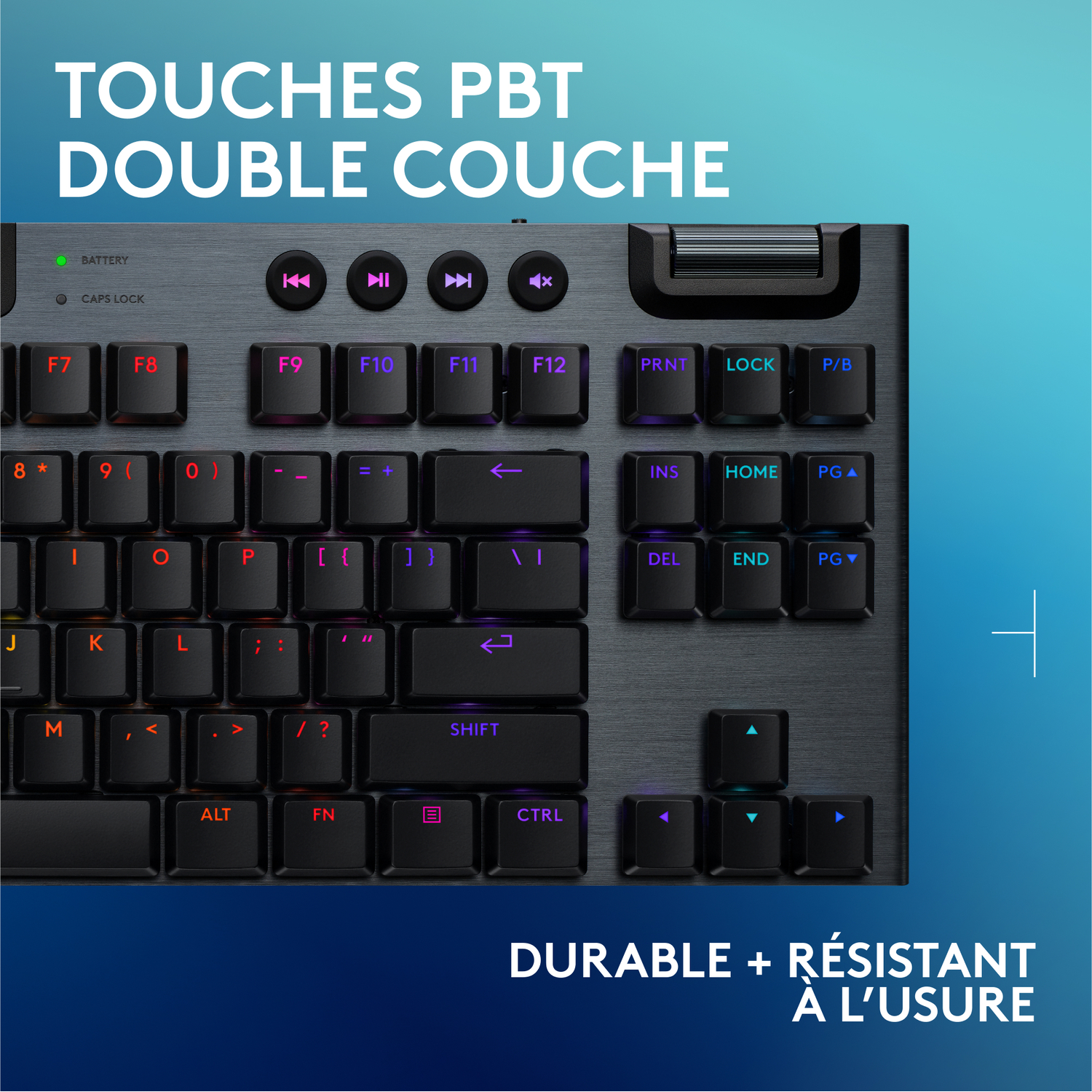 Vue rapprochée d'un clavier avec des touches et une bannière supérieure.
