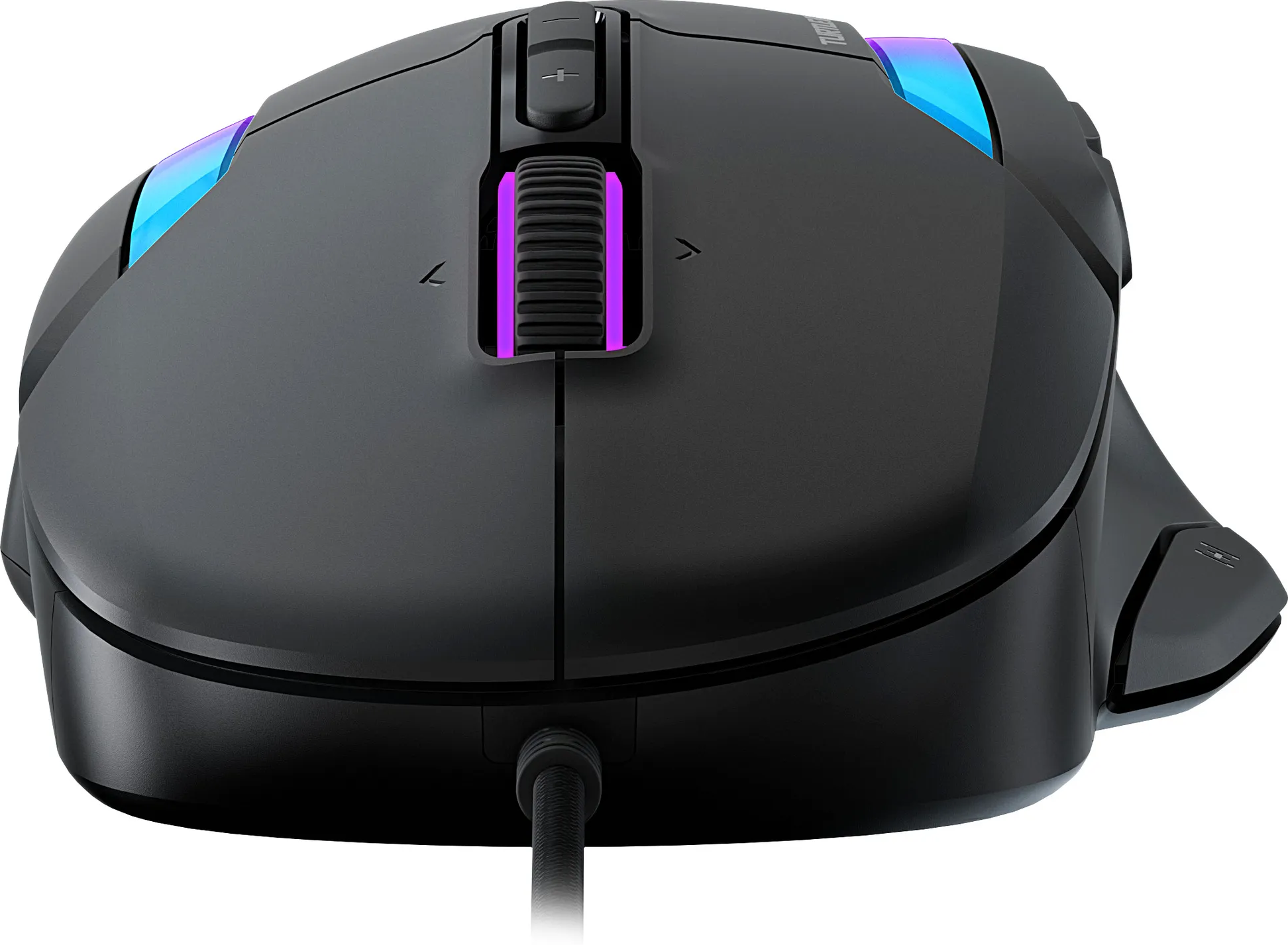 Un mouse da gioco nero con luci blu e viola e un cavo.