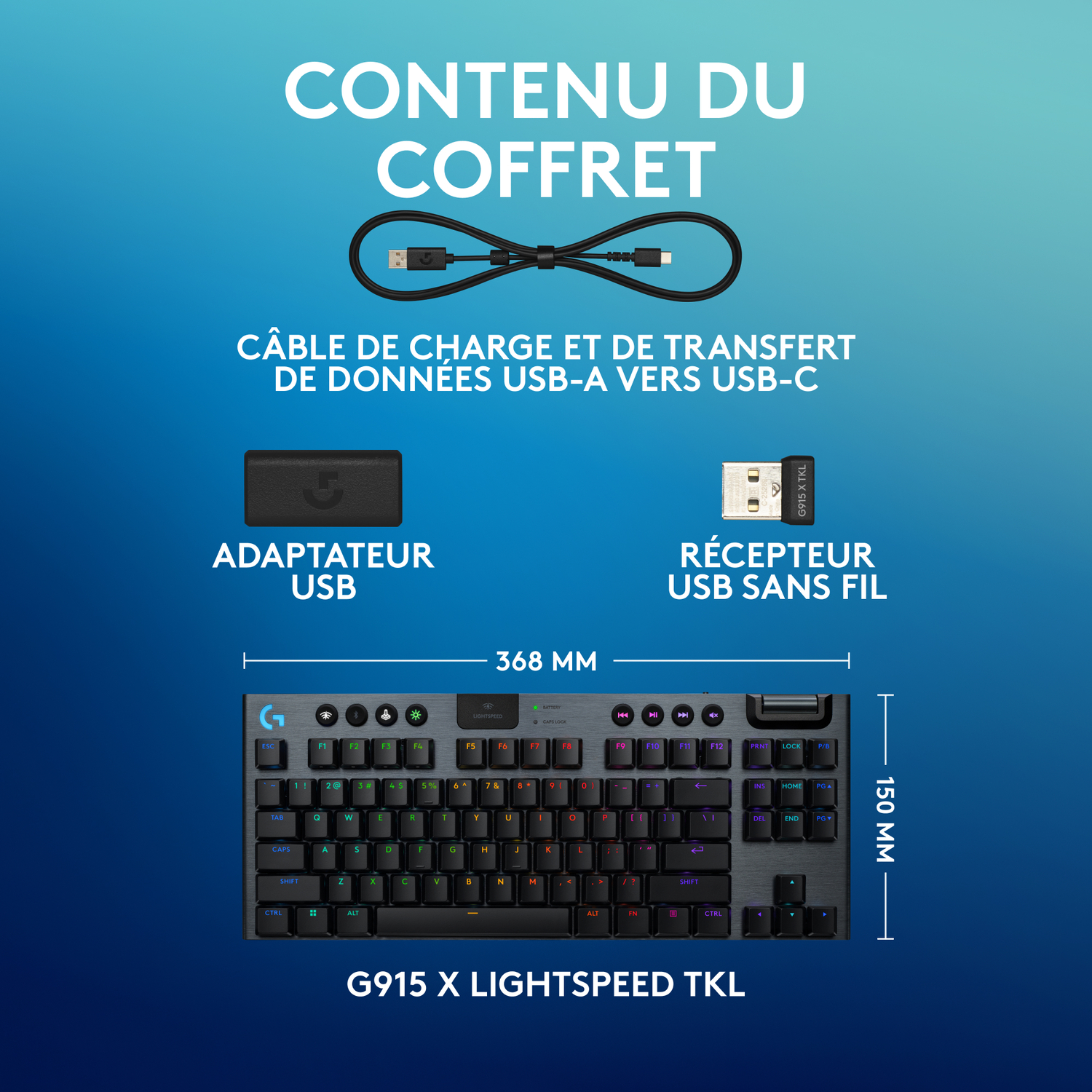 Clavier et accessoires dans une boîte, avec étiquettes en français.
