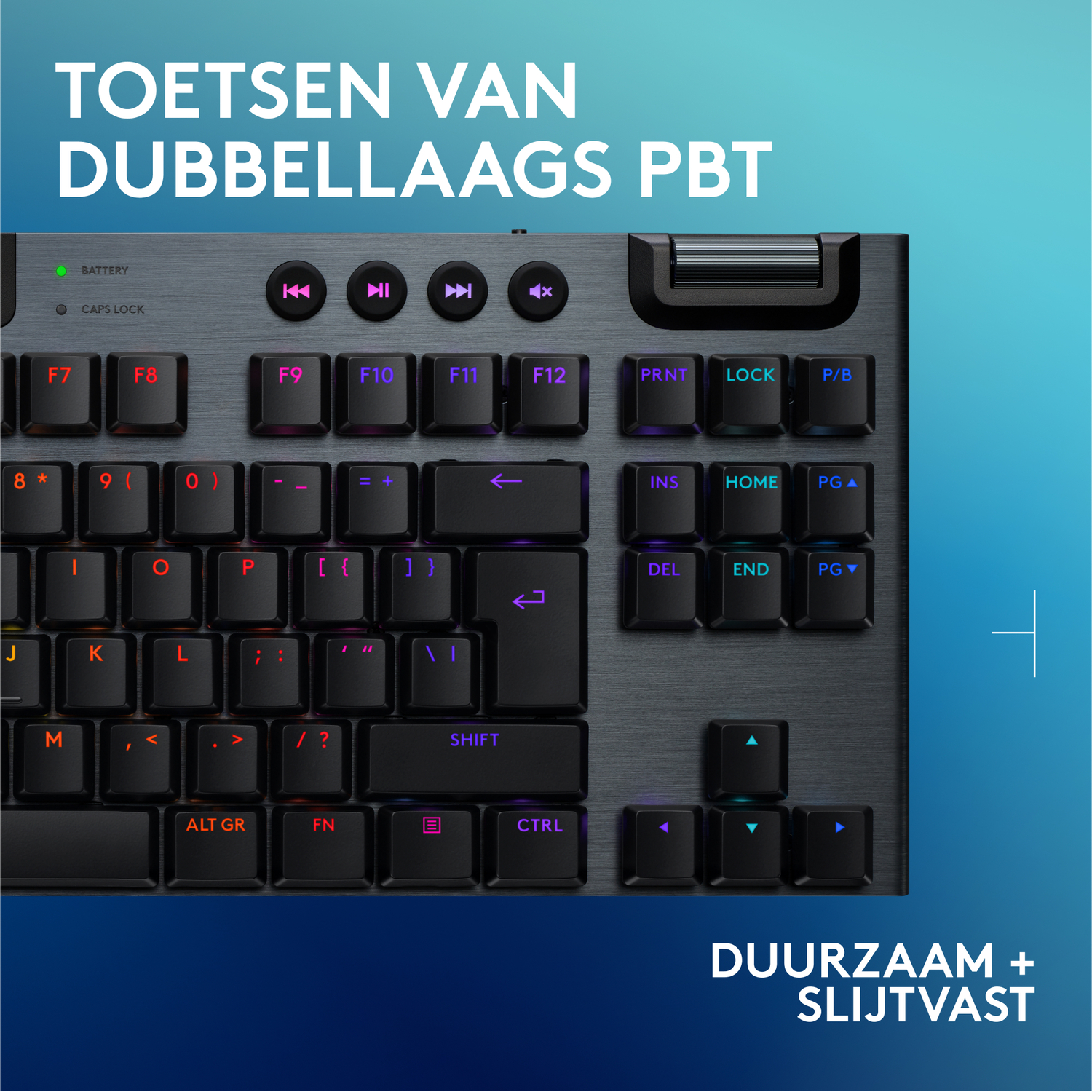 A close-up of a black keyboard with keycaps. The text on top is in Dutch.
