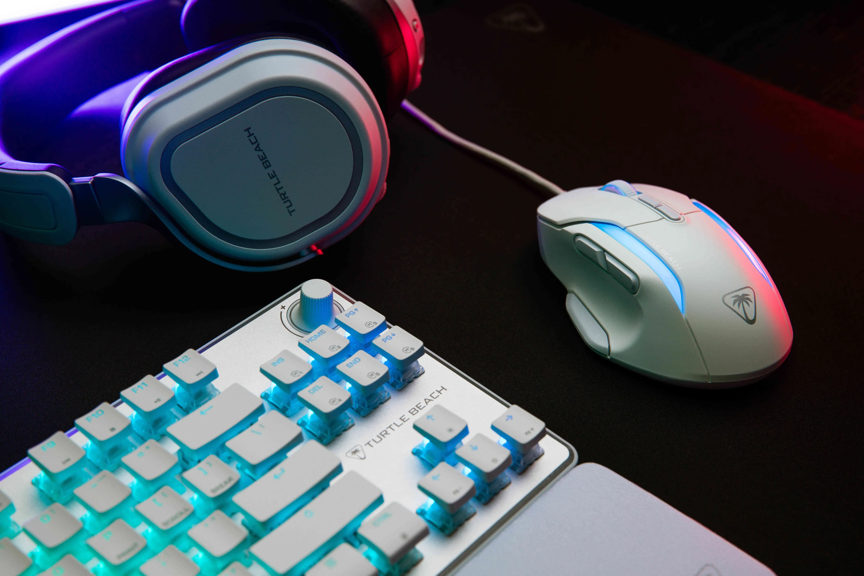 Setup da gioco con cuffie, tastiera e mouse, tutto bianco con accenti blu, su una superficie nera.