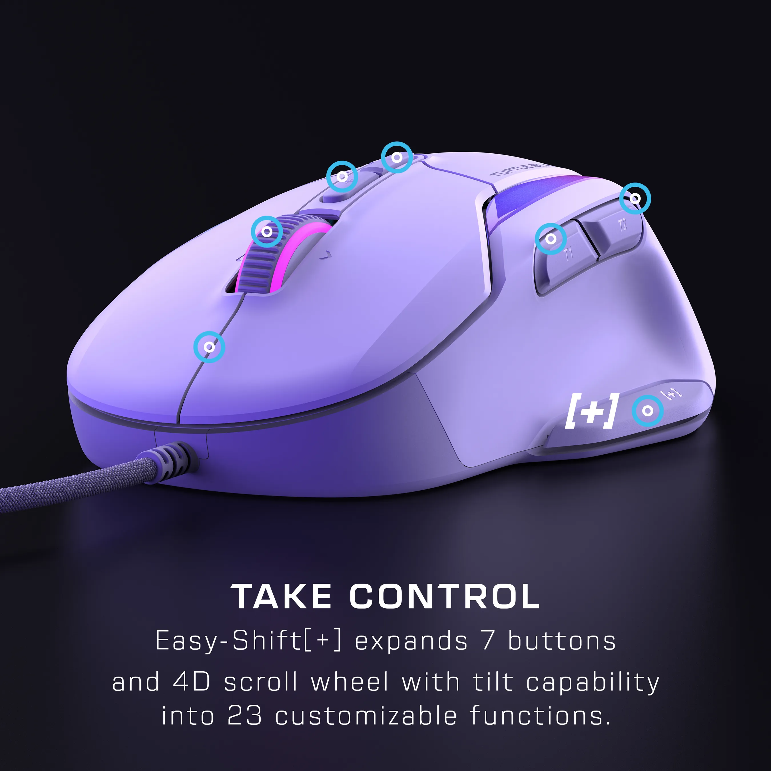 Un mouse da gioco viola con più pulsanti. Il testo sottostante dice che Easy-Shift espande 7 pulsanti in 23 funzioni personalizzate.